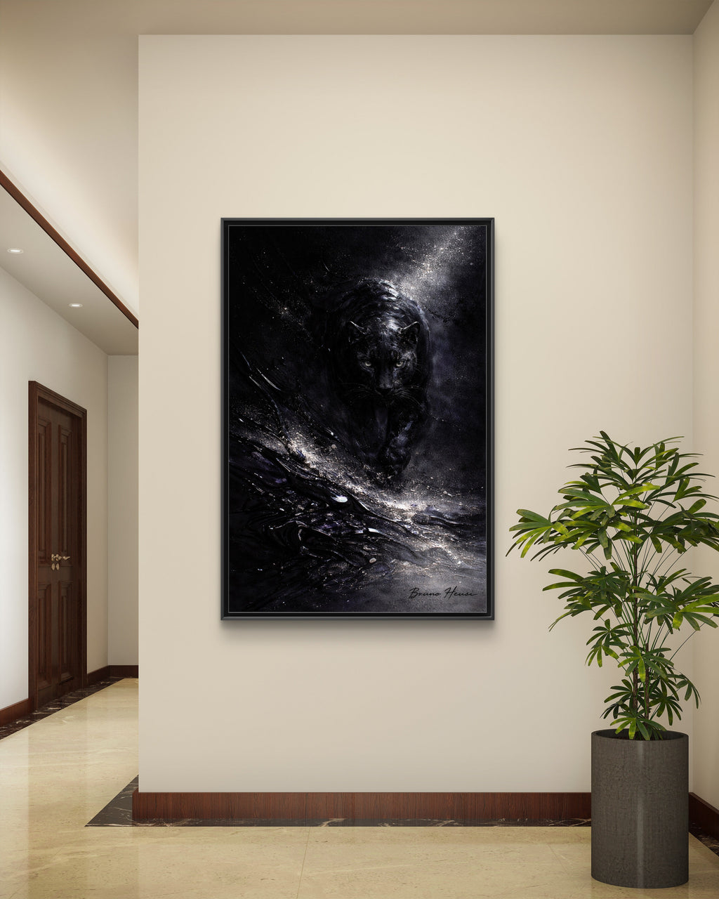 Cosmic Black Panther Matte Framed Canvas – Dark Abstract Wildlife Wall Art