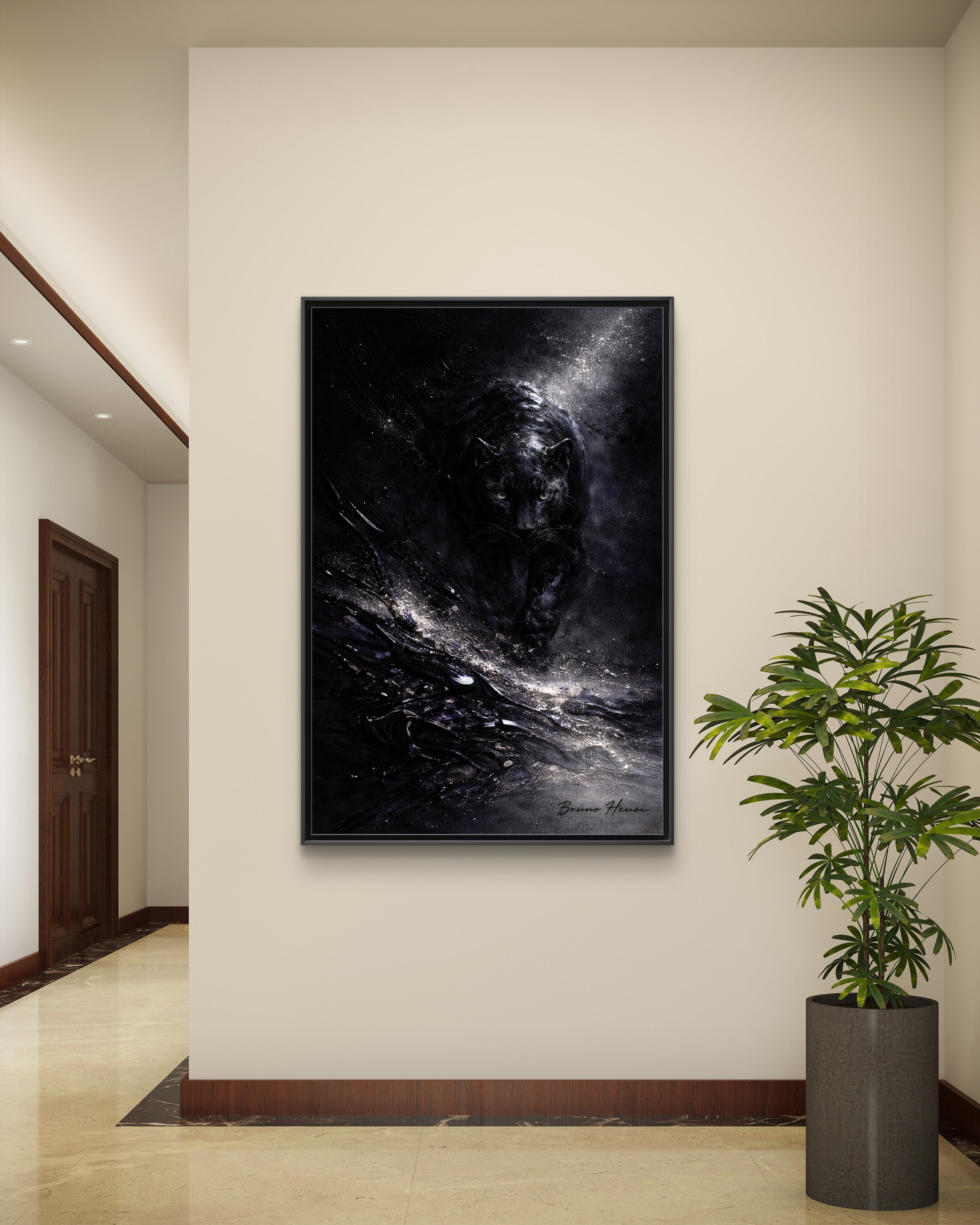 Cosmic Black Panther Matte Framed Canvas – Dark Abstract Wildlife Wall Art