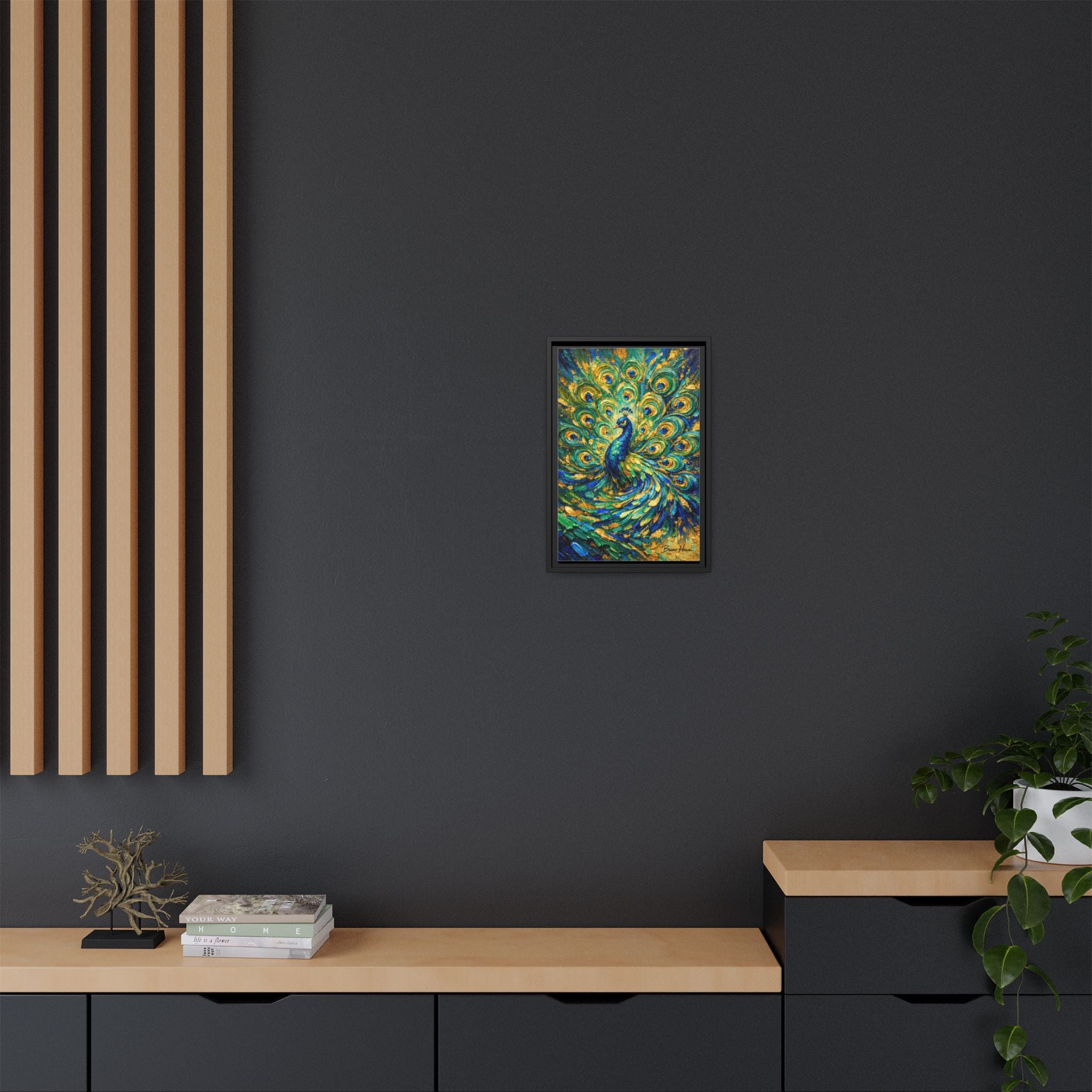 Peacock Oil-Style Framed Canvas Wall Art — Vibrant Blue & Gold Peacock Painting