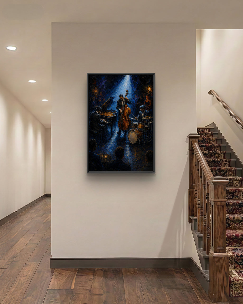 Framed Jazz Quartet Canvas Wall Art – Moody Blue Music Scene