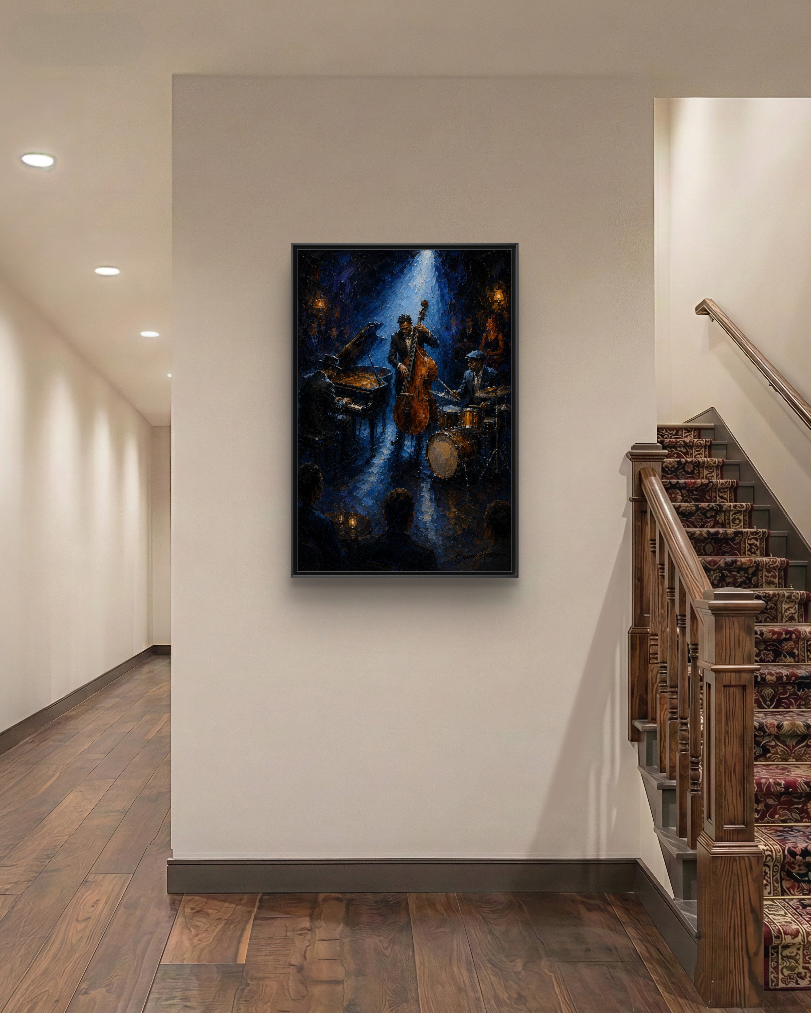 Framed Jazz Quartet Canvas Wall Art – Moody Blue Music Scene