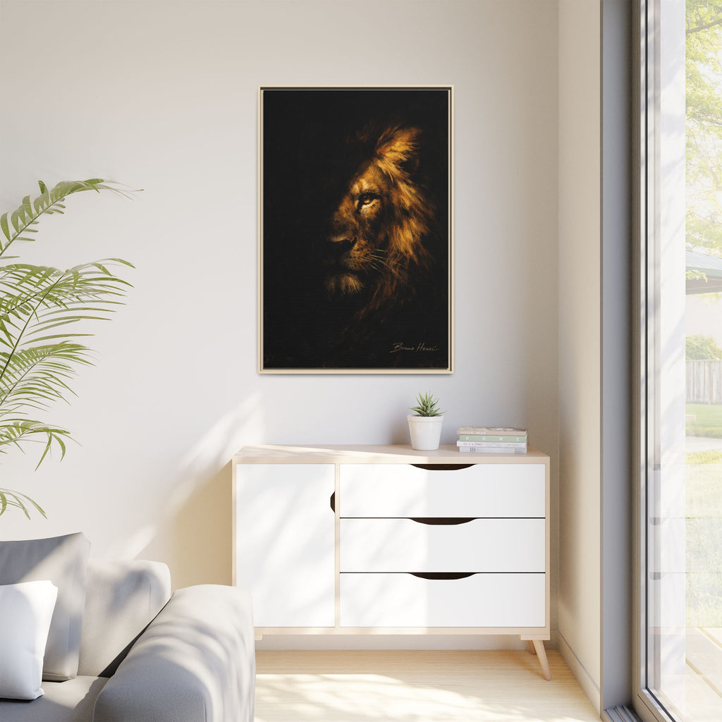 Majestic Lion Portrait Framed Canvas Wall Art — Golden Mane on Black Matte Print