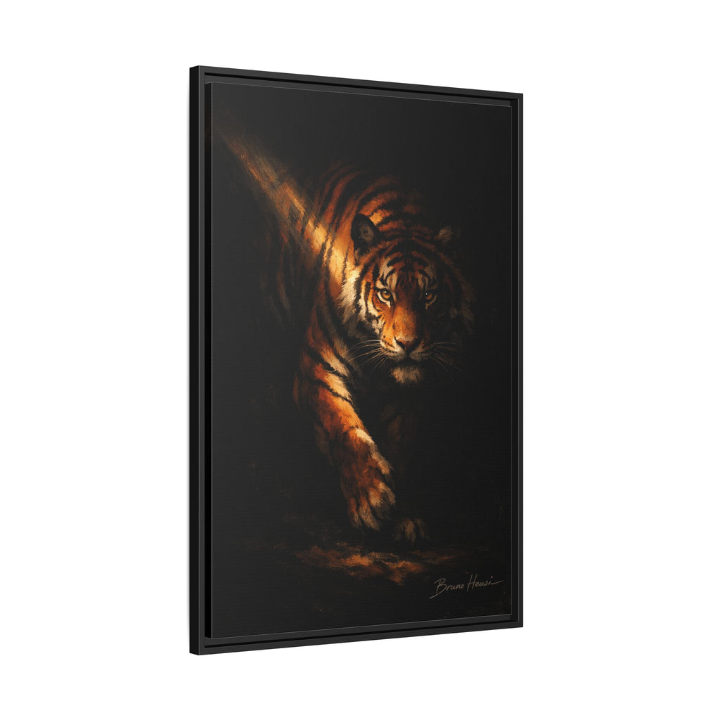 Tiger in the Shadows Matte Framed Canvas Print — Dramatic Wildlife Wall Art