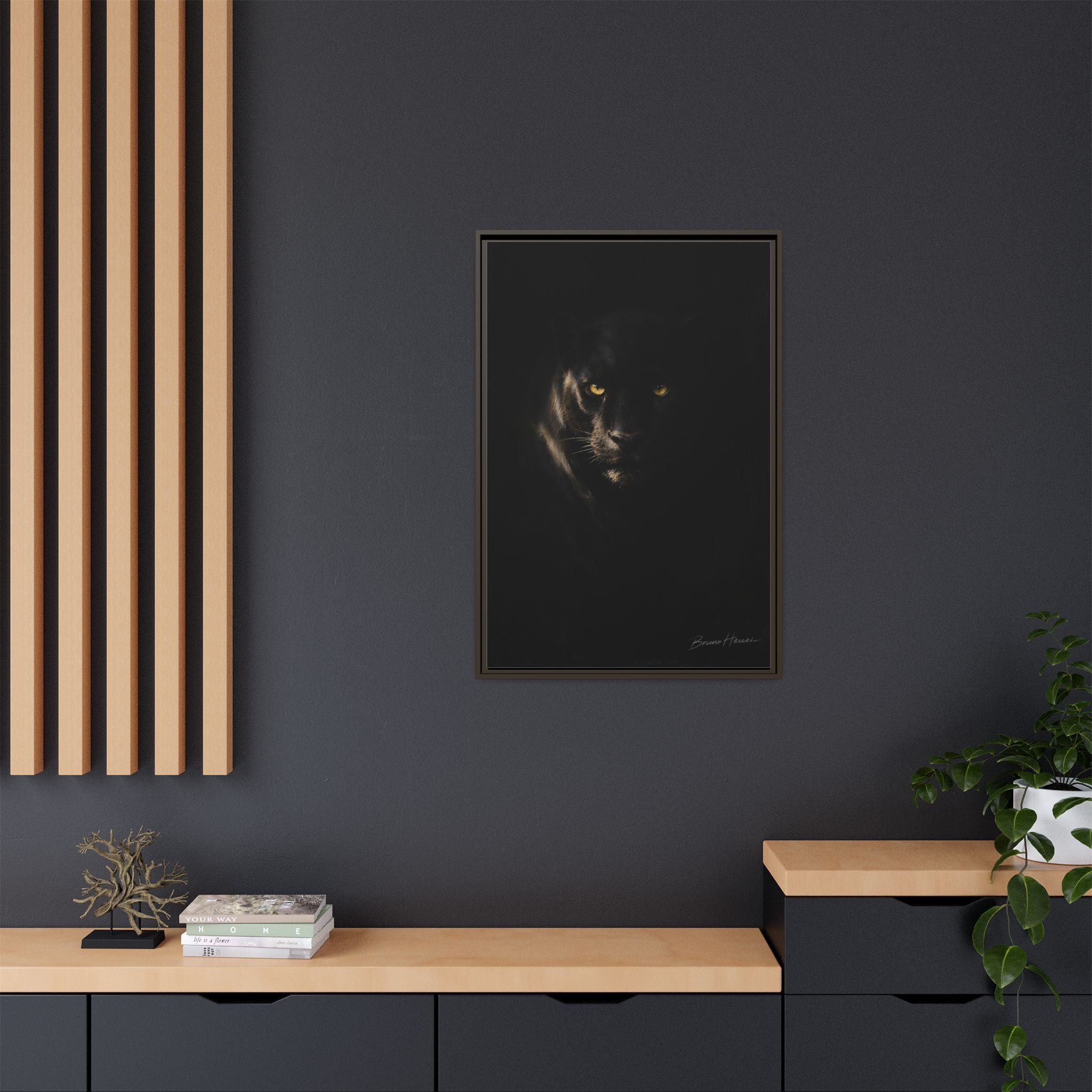 Framed Matte Canvas - Black Panther Wall Art with Golden Eyes