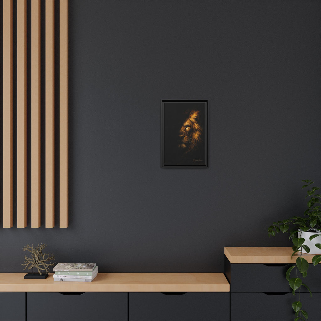 Majestic Lion Portrait Framed Canvas Wall Art — Golden Mane on Black Matte Print