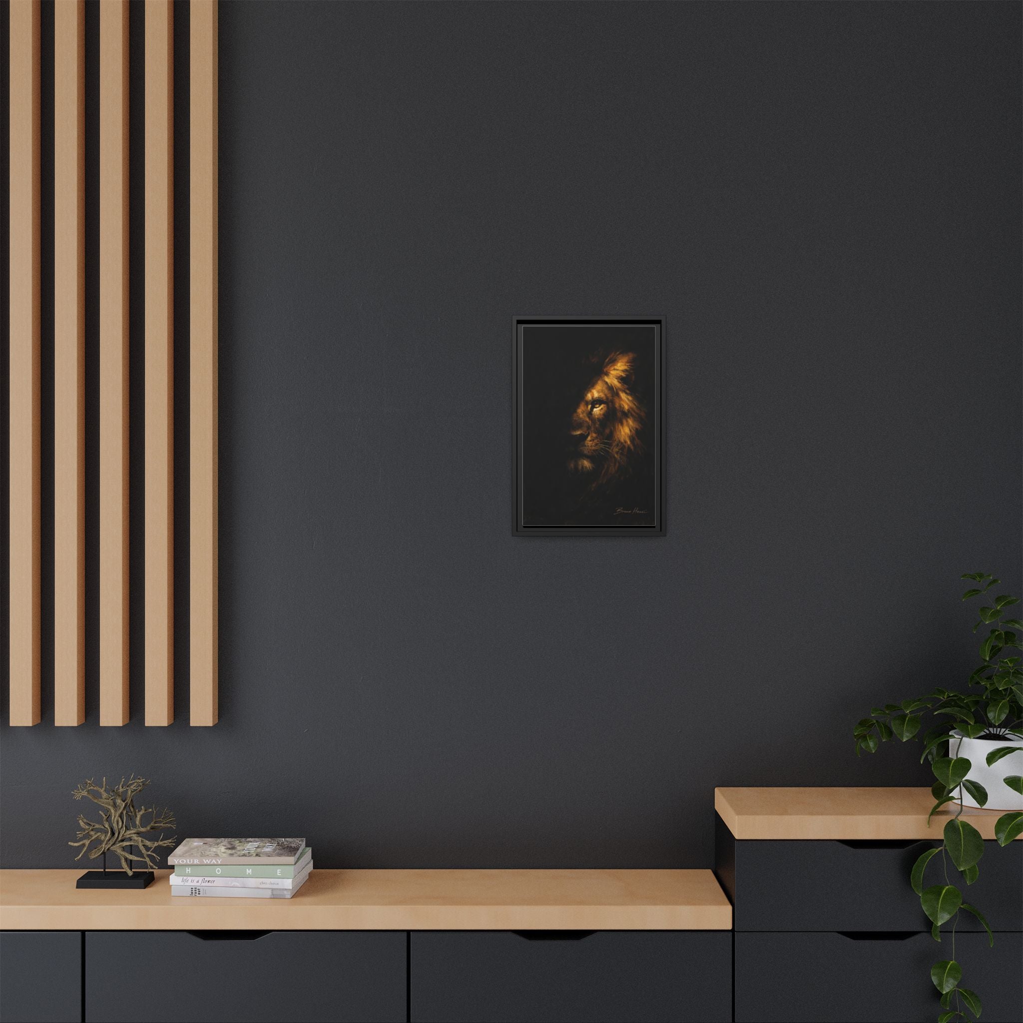 Majestic Lion Portrait Framed Canvas Wall Art — Golden Mane on Black Matte Print