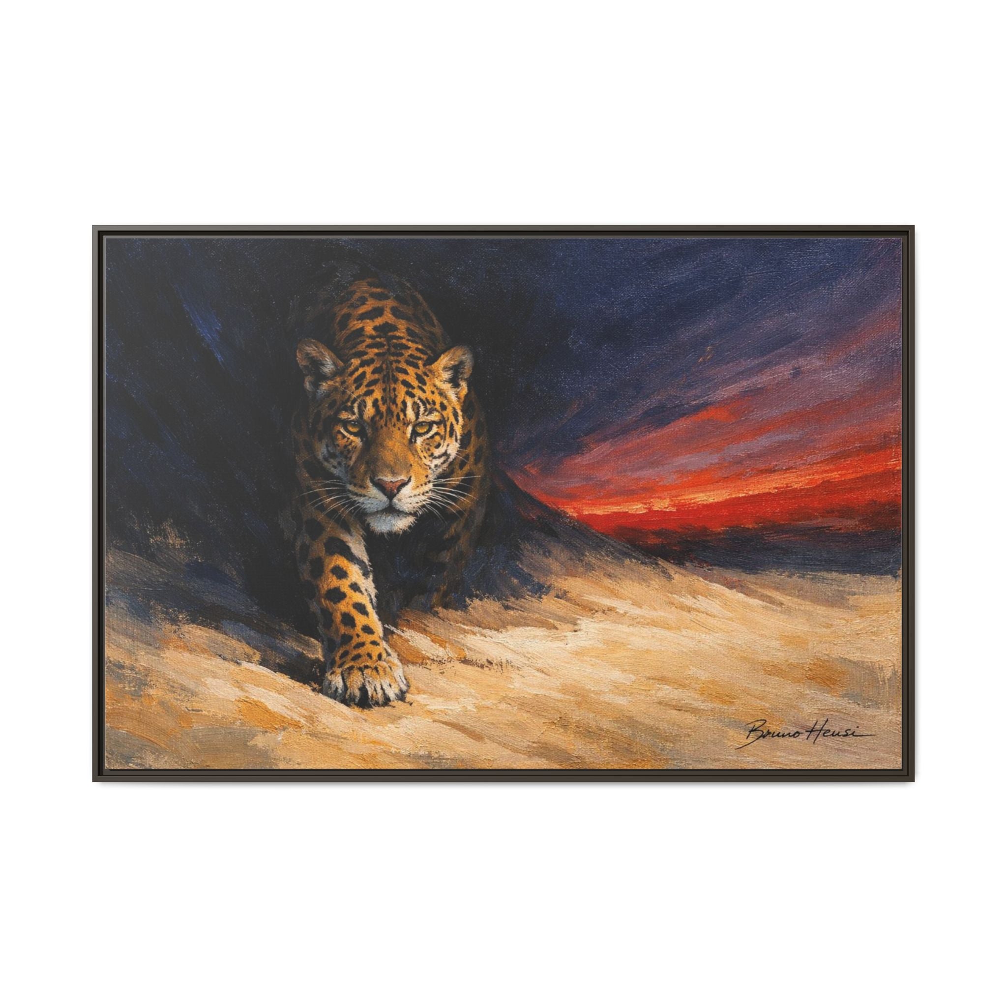 Framed Jaguar Canvas Art – Majestic Big Cat Painting with Sunset Sky