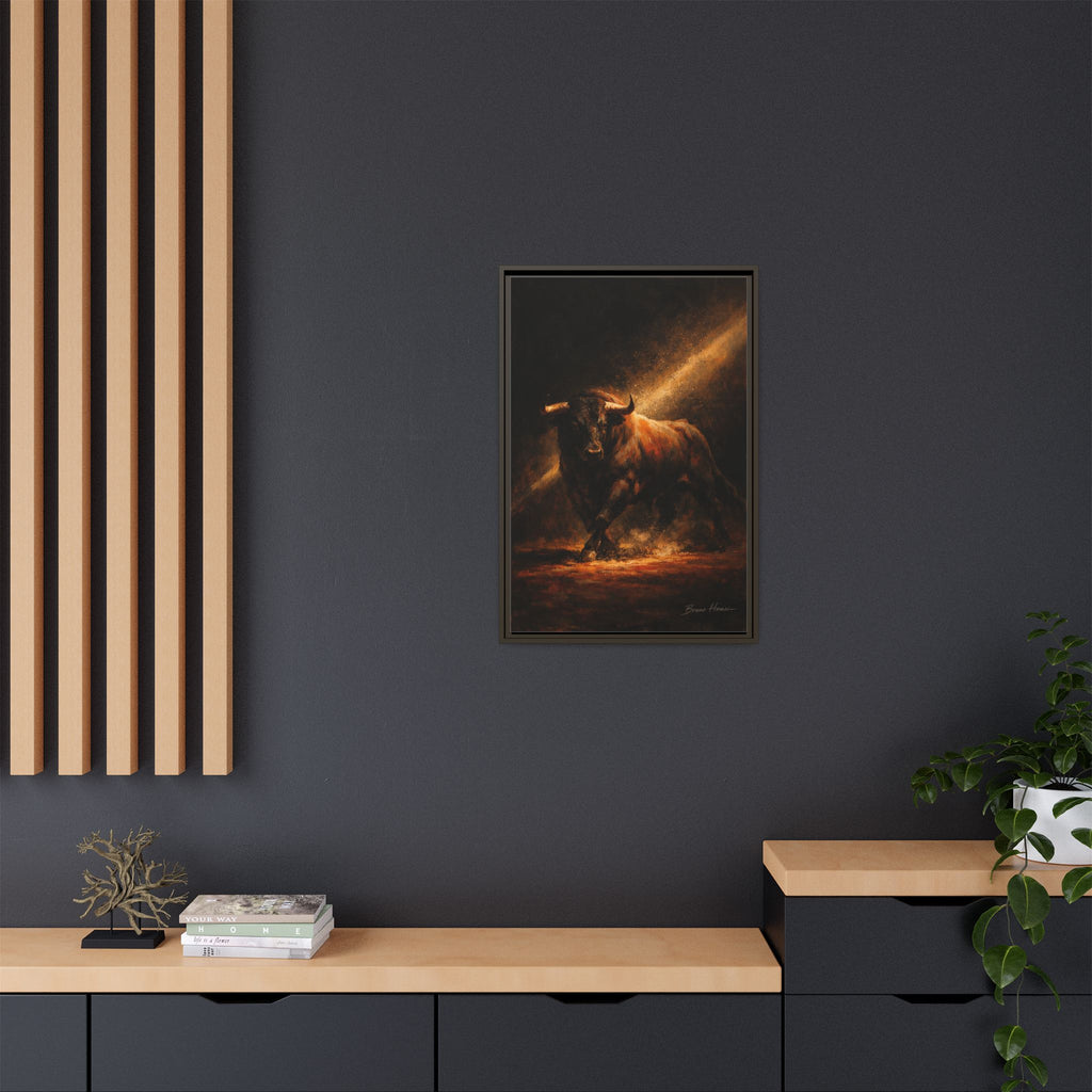 Framed Matte Canvas Art - Dramatic Charging Bull Painting