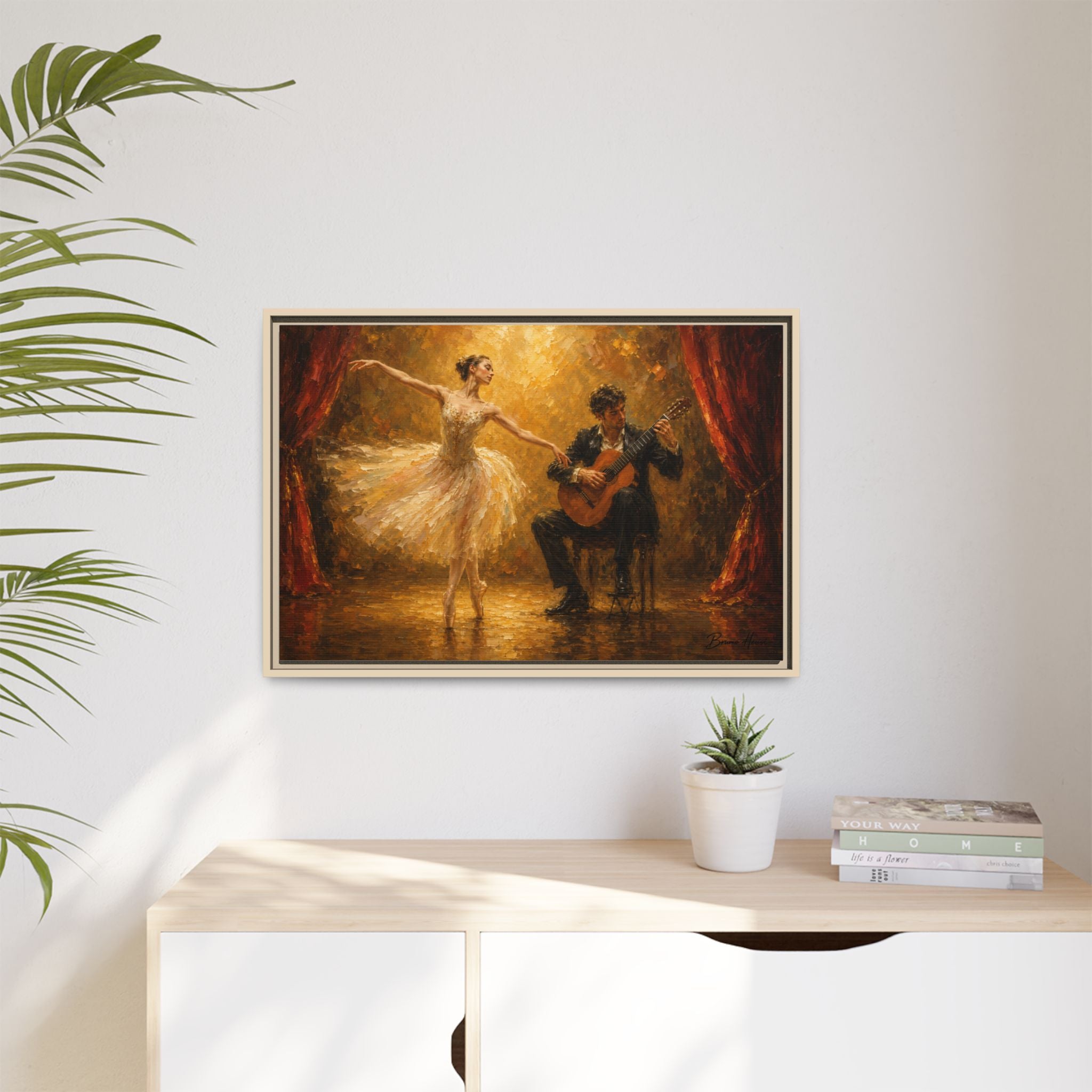 Ballet Dancer & Guitarist Framed Canvas Wall Art — Oil-Style Performance Print