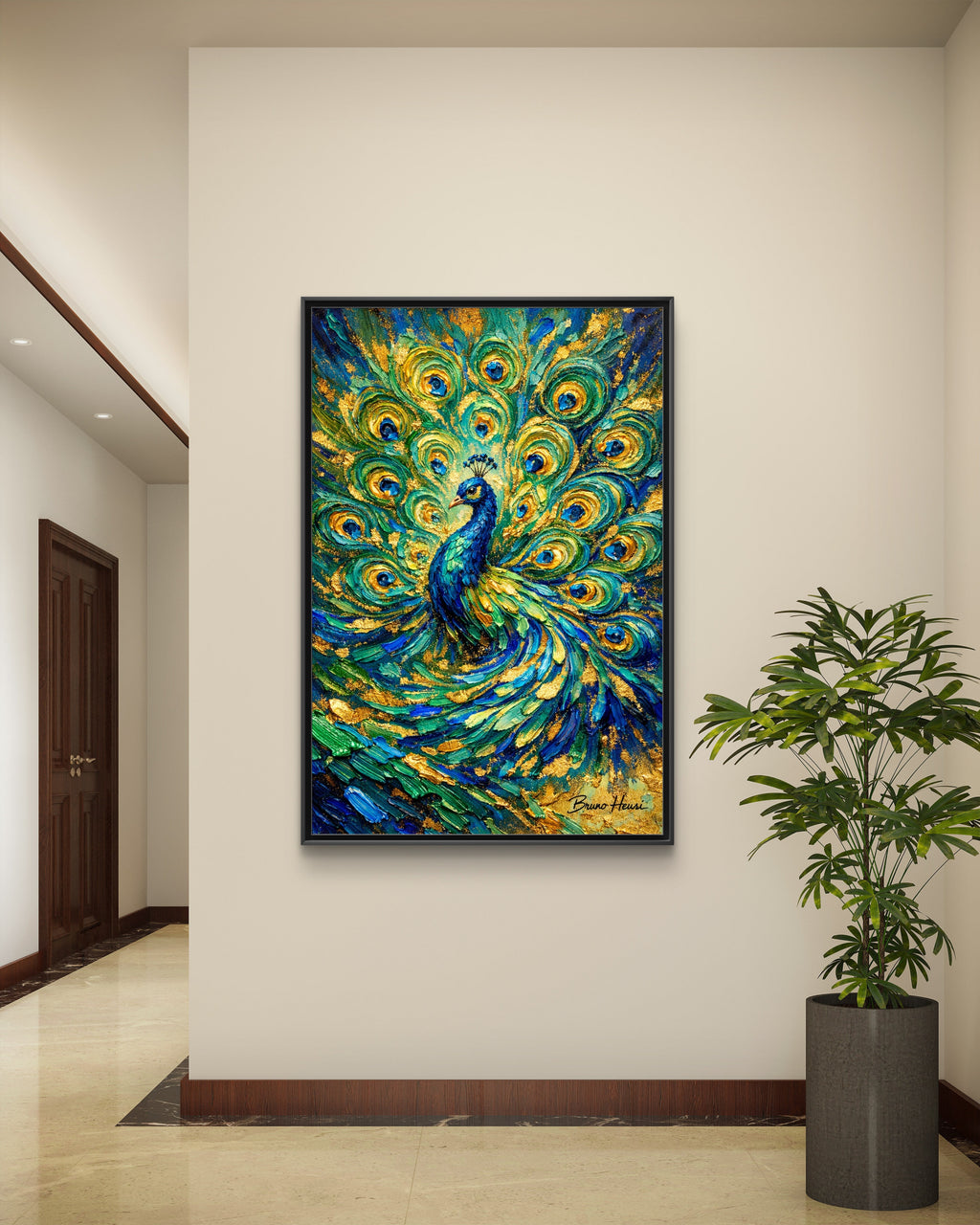 Peacock Oil-Style Framed Canvas Wall Art — Vibrant Blue & Gold Peacock Painting