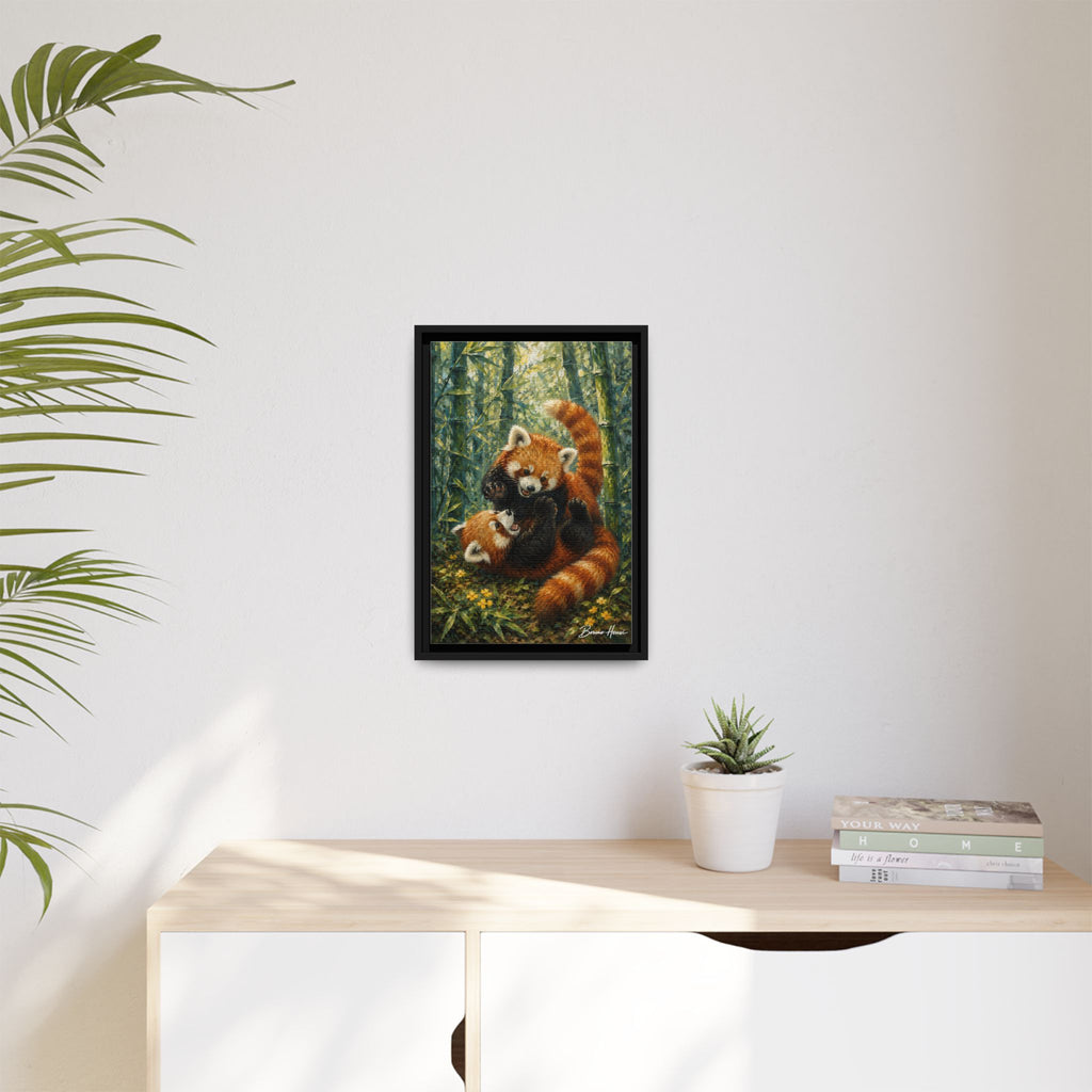 Red Panda Playtime Framed Canvas Wall Art — Playful Wildlife Print