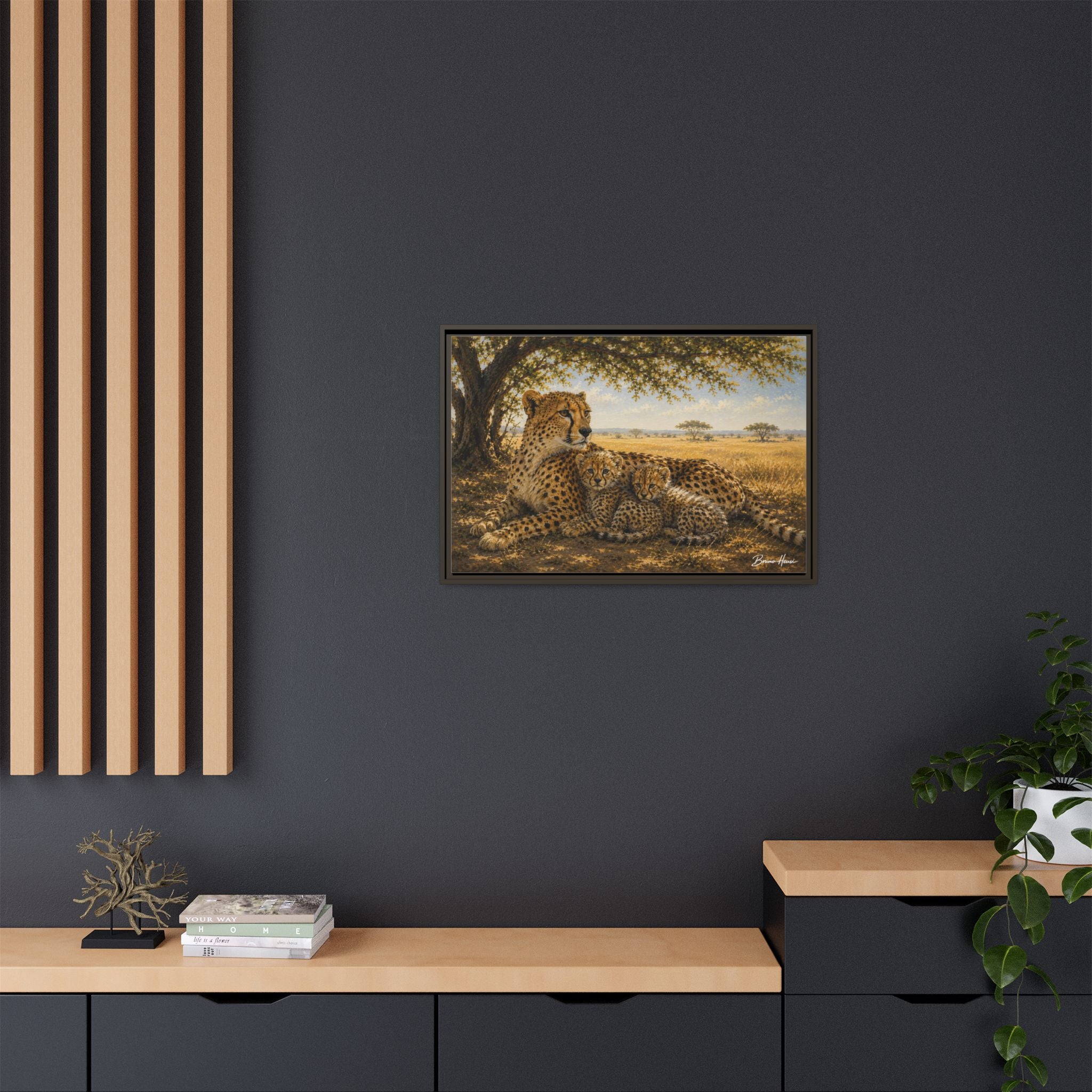 Cheetah Mother & Cubs Framed Canvas Wall Art – African Wildlife Safari Print