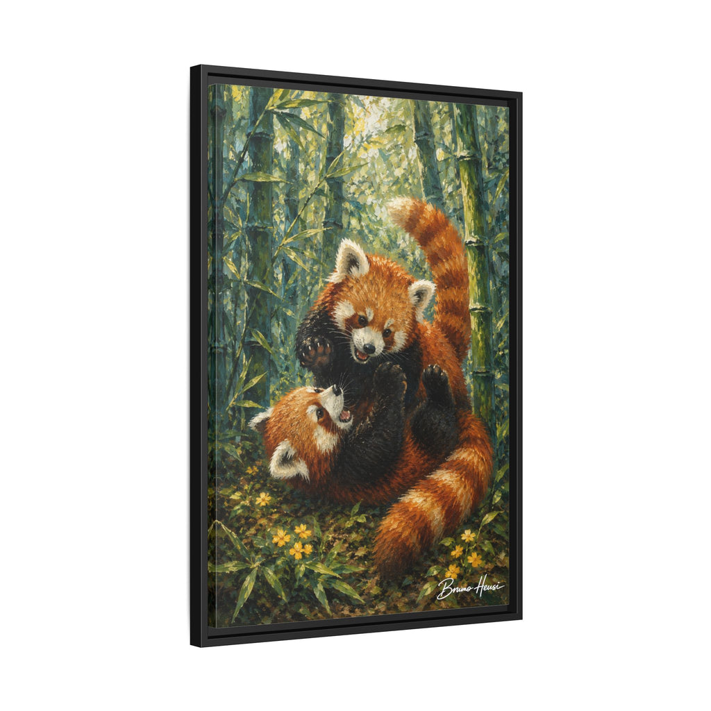 Red Panda Playtime Framed Canvas Wall Art — Playful Wildlife Print