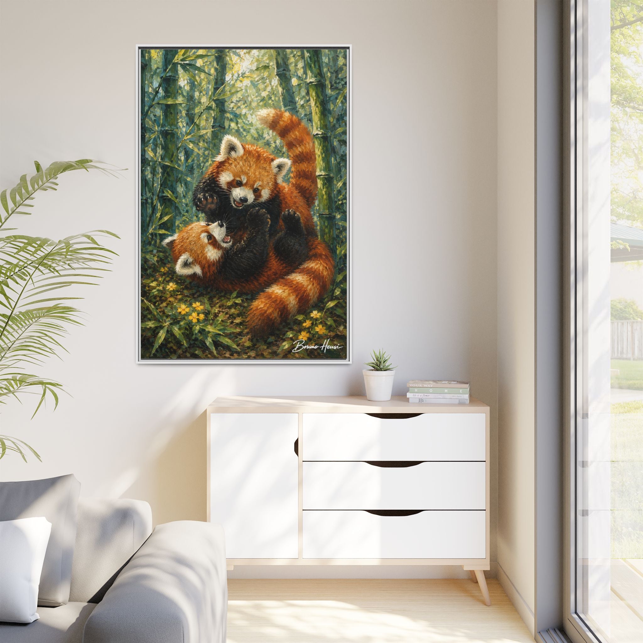 Red Panda Playtime Framed Canvas Wall Art — Playful Wildlife Print
