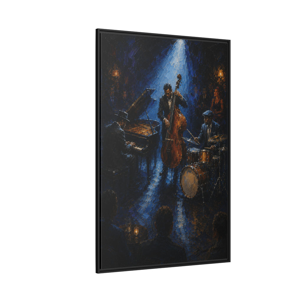 Framed Jazz Quartet Canvas Wall Art – Moody Blue Music Scene