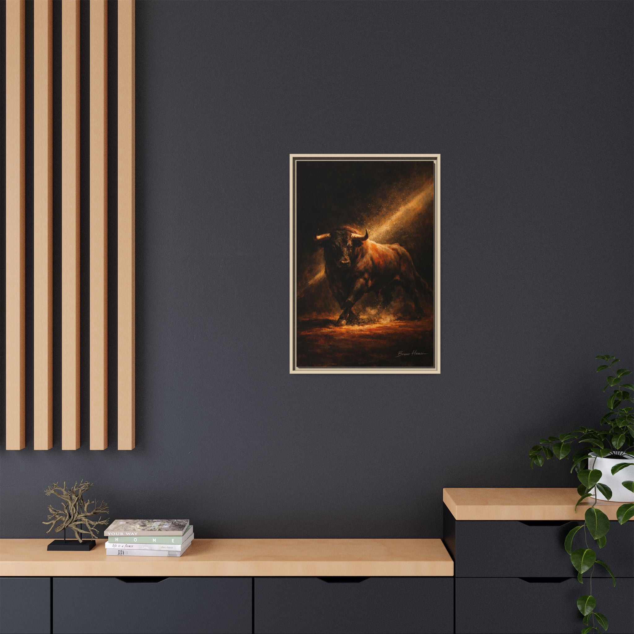 Framed Matte Canvas Art - Dramatic Charging Bull Painting