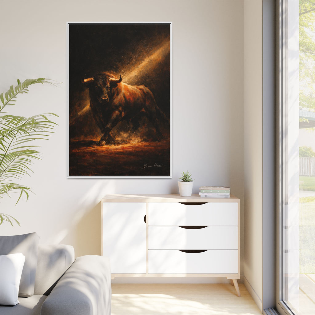 Framed Matte Canvas Art - Dramatic Charging Bull Painting