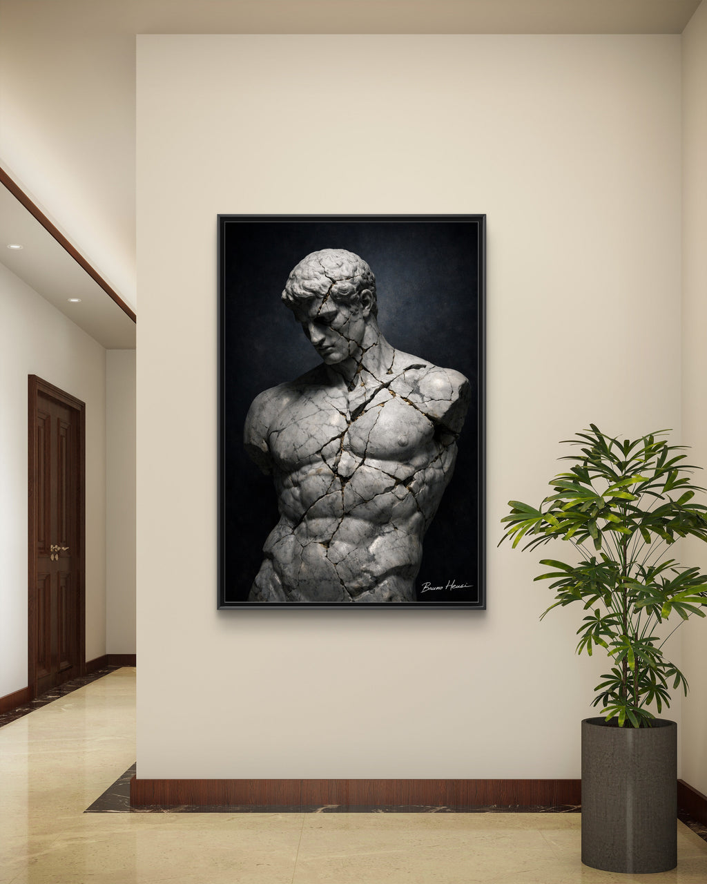 Cracked Marble Bust Framed Canvas Wall Art — Classical Sculpture Print