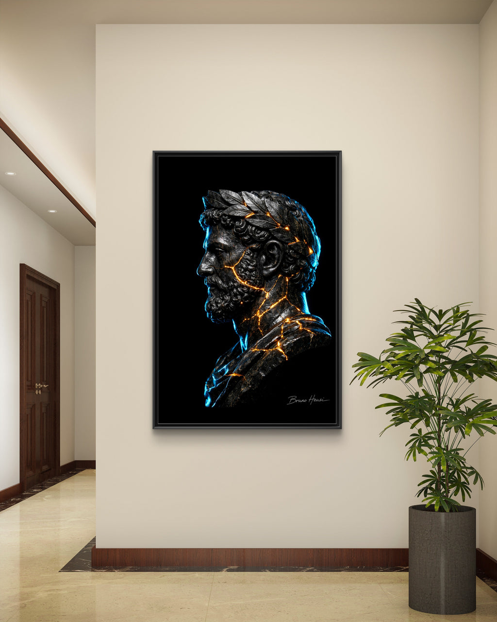 Roman Emperor Neon Bust Framed Canvas Wall Art — Modern Sculpture Print