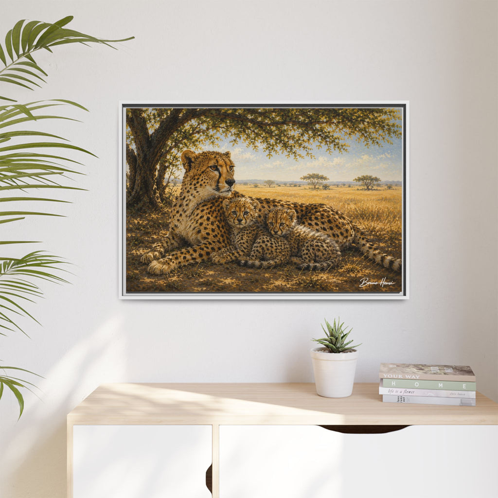 Cheetah Mother & Cubs Framed Canvas Wall Art – African Wildlife Safari Print