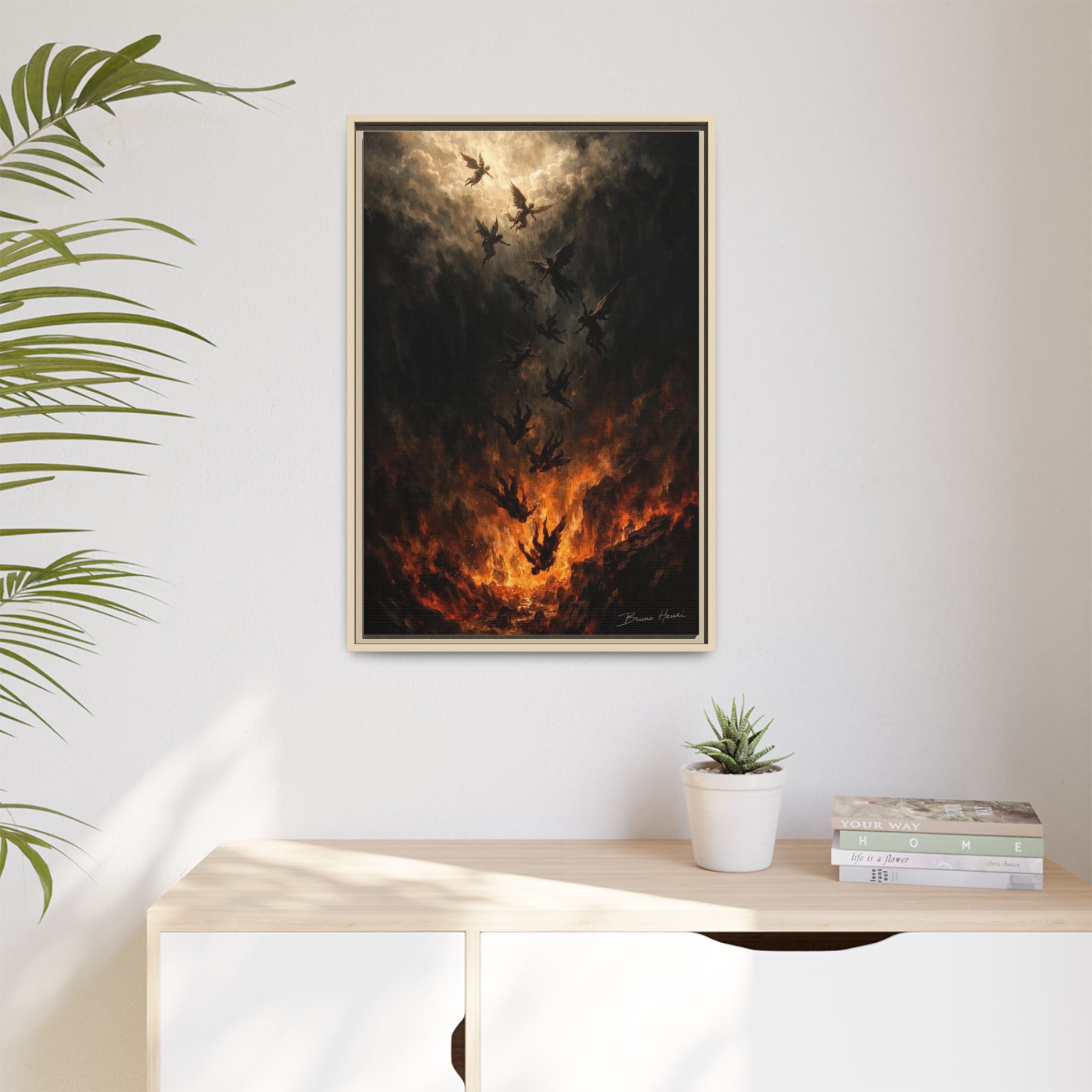 Falling Angels Matte Framed Canvas Print — Dark Fantasy Wall Art