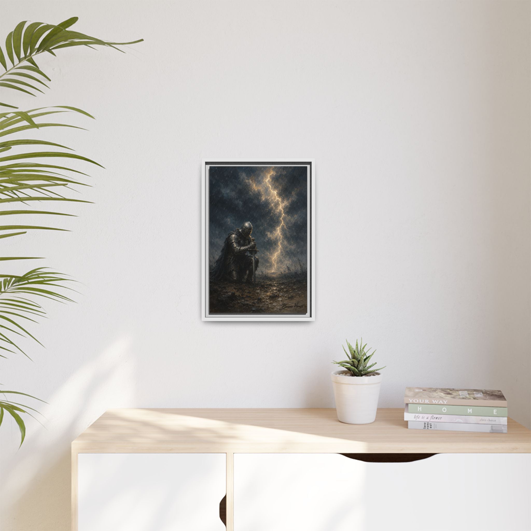 Knight in Thunderstorm Matte Framed Canvas — Dark Fantasy Wall Art