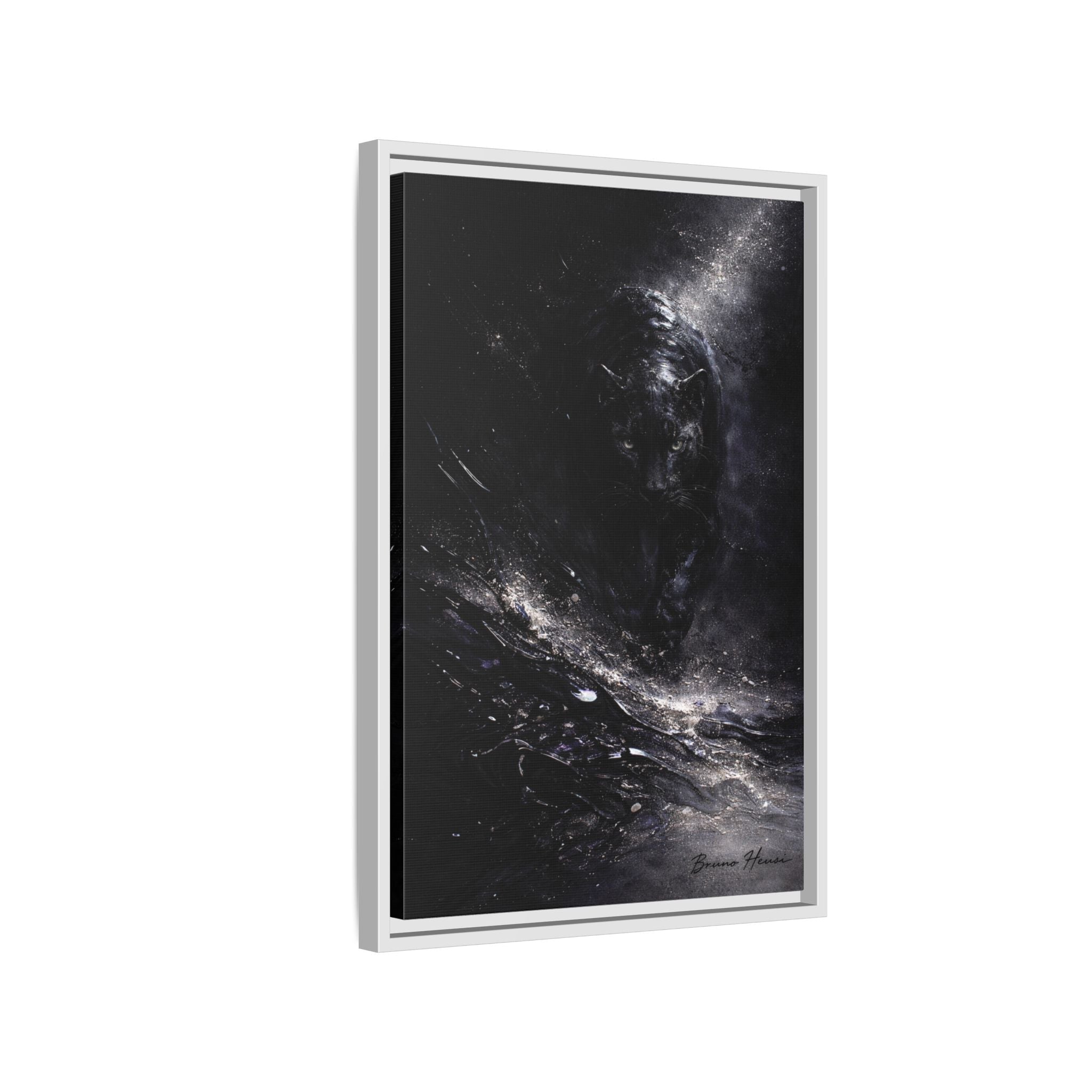 Cosmic Black Panther Matte Framed Canvas – Dark Abstract Wildlife Wall Art