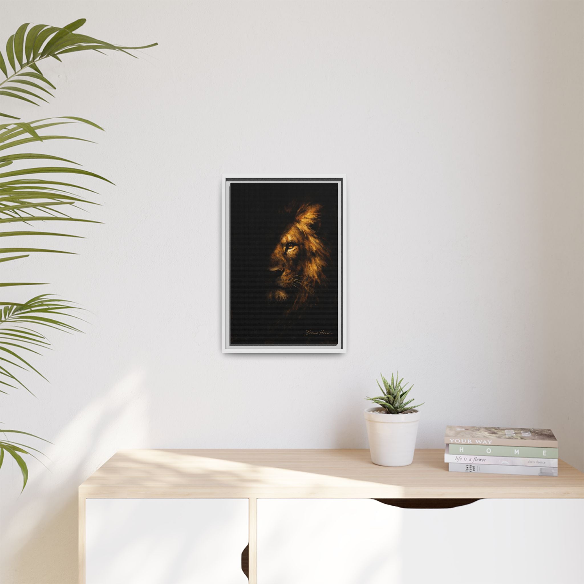 Majestic Lion Portrait Framed Canvas Wall Art — Golden Mane on Black Matte Print