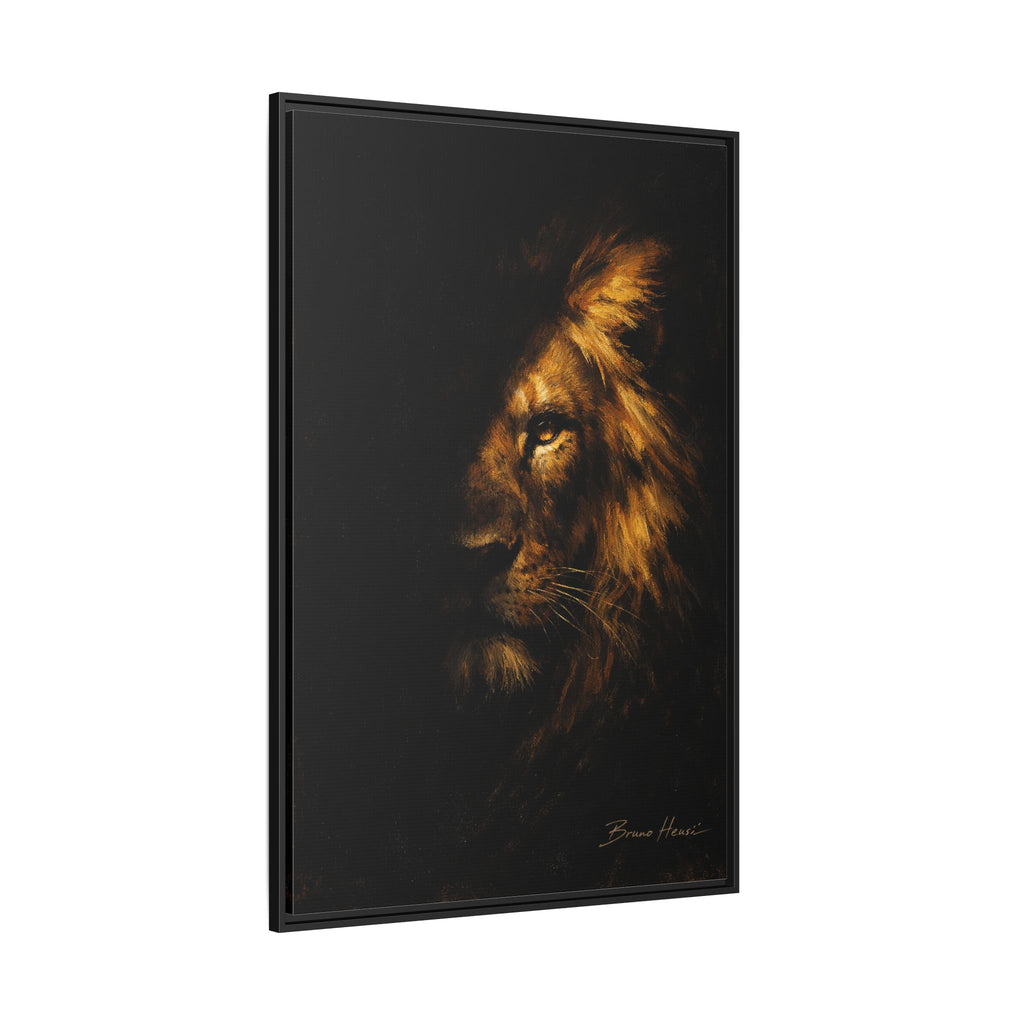 Majestic Lion Portrait Framed Canvas Wall Art — Golden Mane on Black Matte Print