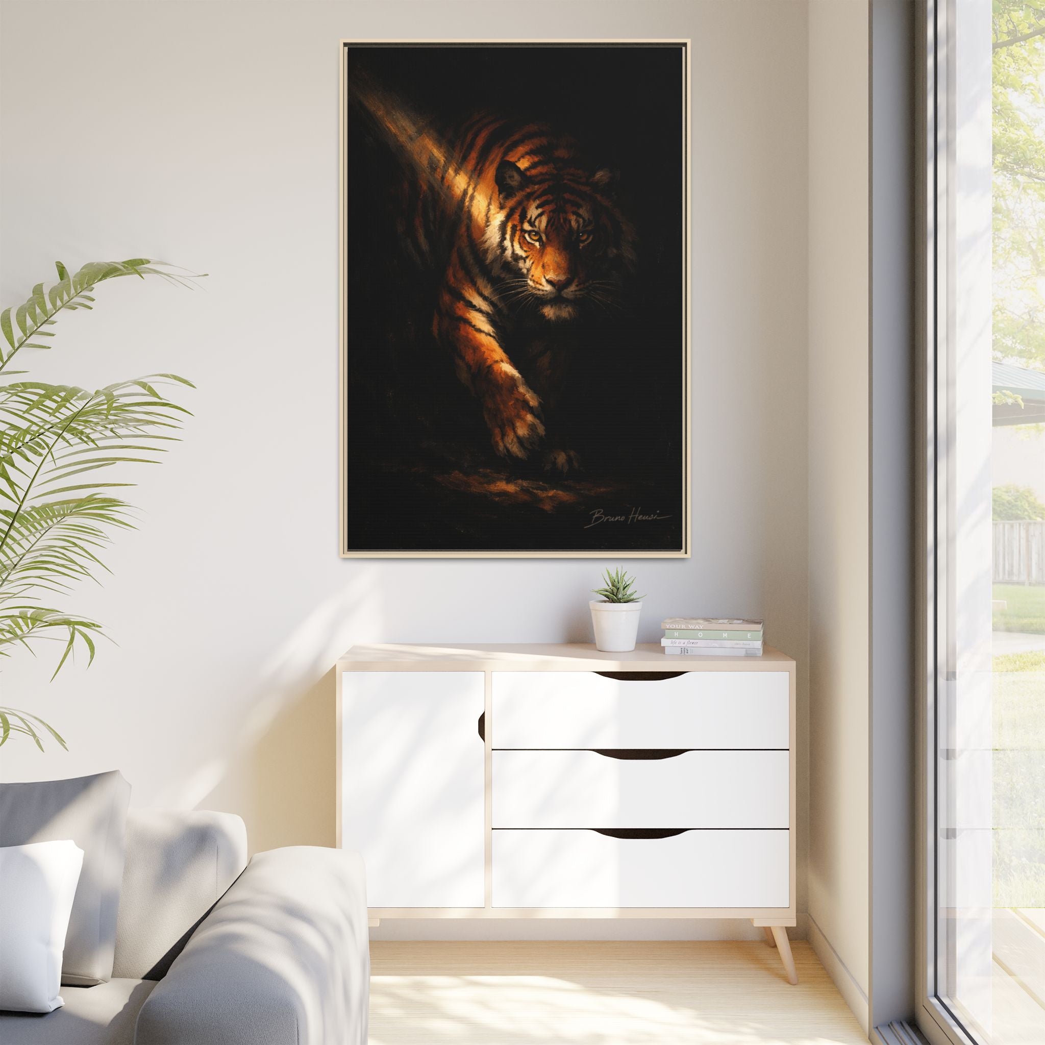 Tiger in the Shadows Matte Framed Canvas Print — Dramatic Wildlife Wall Art