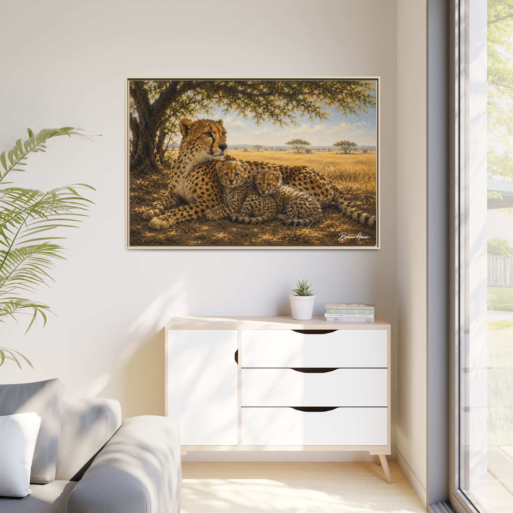 Cheetah Mother & Cubs Framed Canvas Wall Art – African Wildlife Safari Print