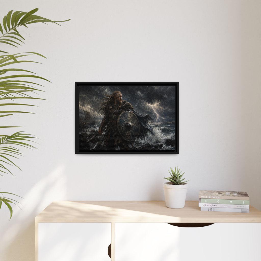 Viking Warrior Matte Framed Canvas Print — Stormy Norse Shield and Axe Wall Art