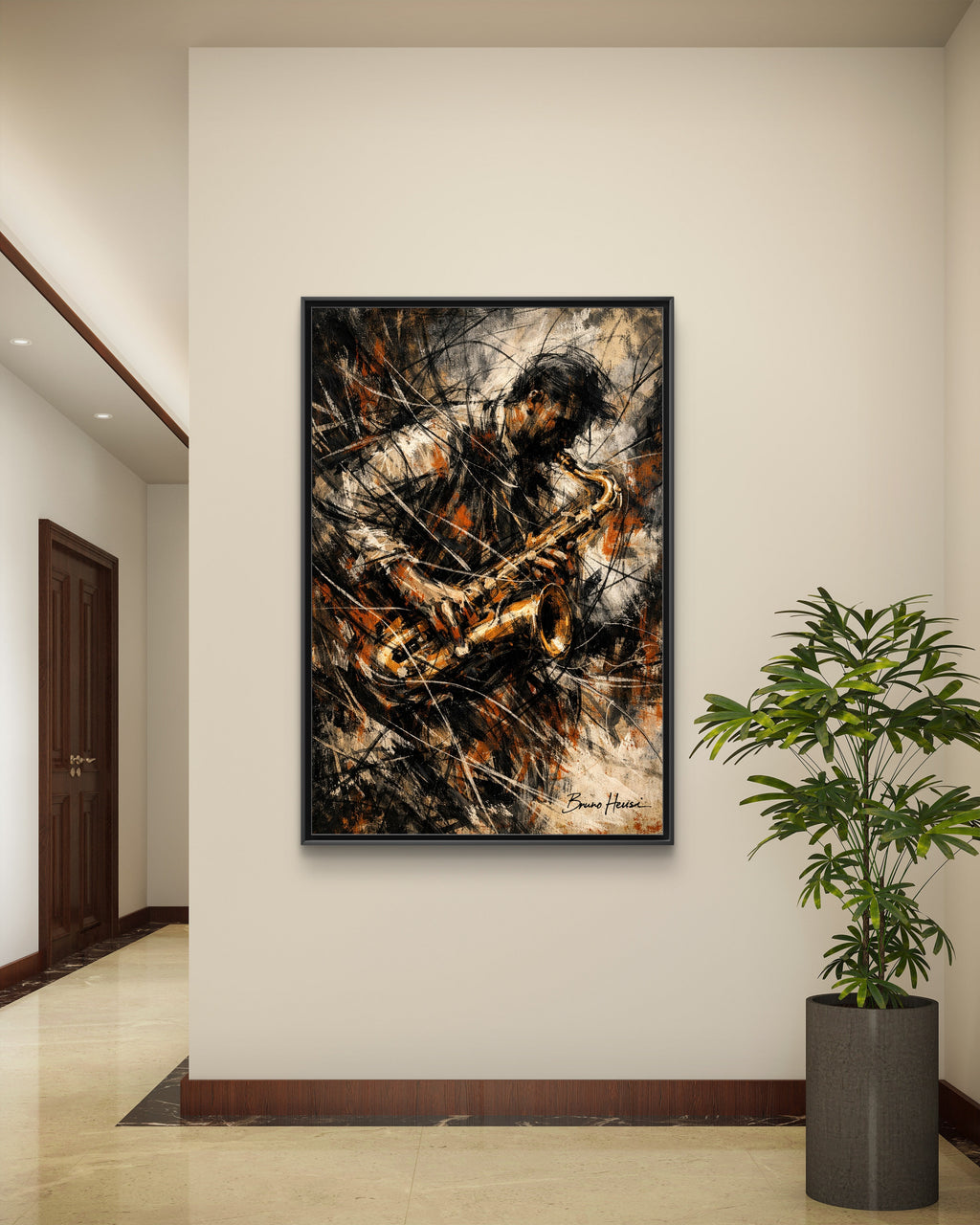 Saxophone Jazz Musician Framed Canvas Wall Art — Abstract Music Print