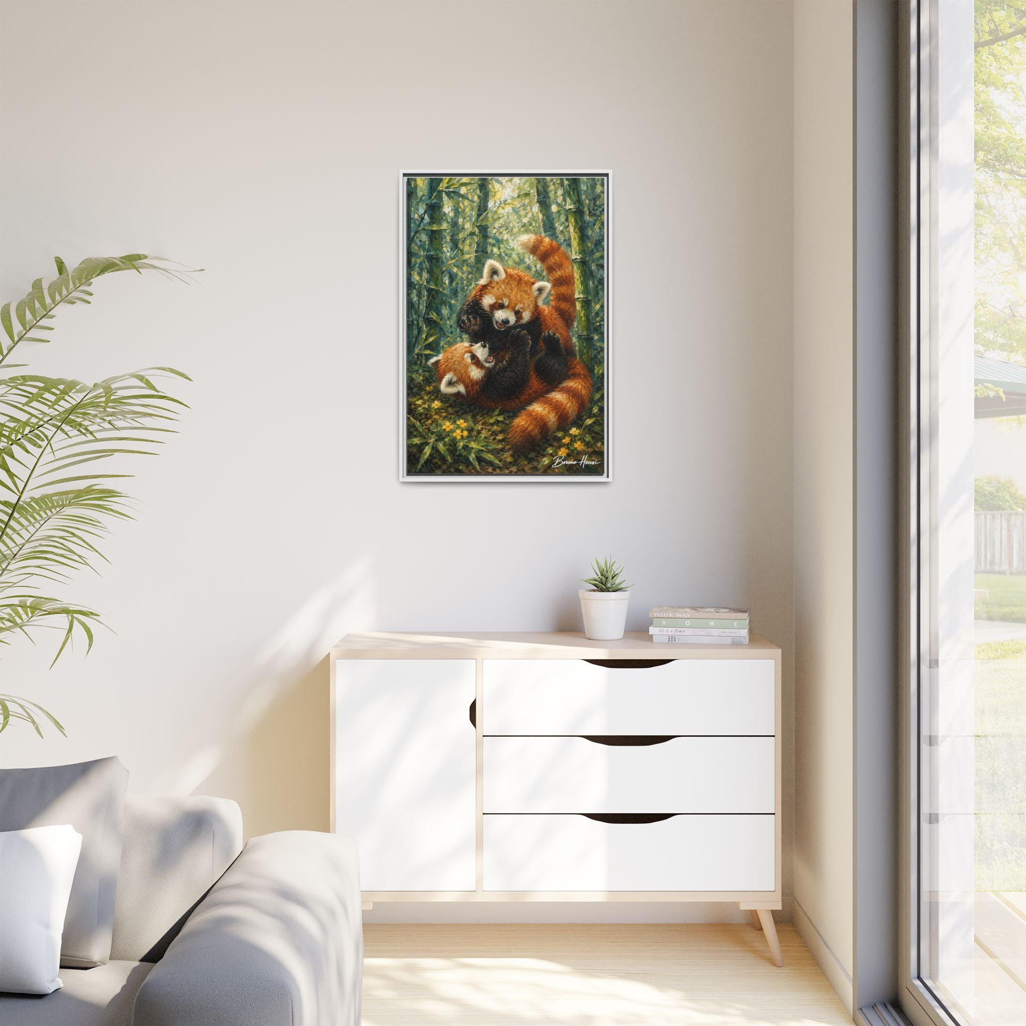 Red Panda Playtime Framed Canvas Wall Art — Playful Wildlife Print