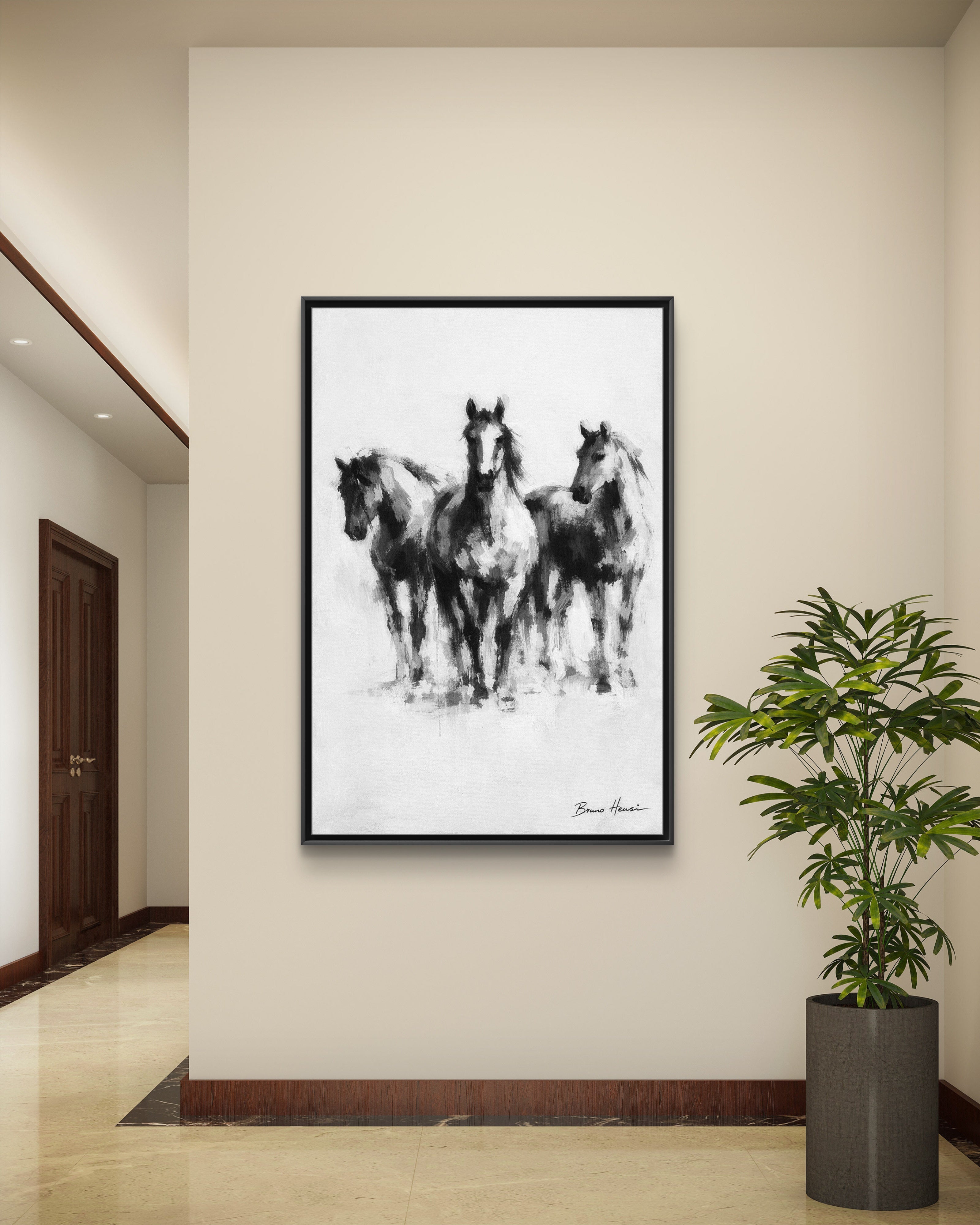 Framed Matte Canvas Print – Three Galloping Horses Black & White Wall Art
