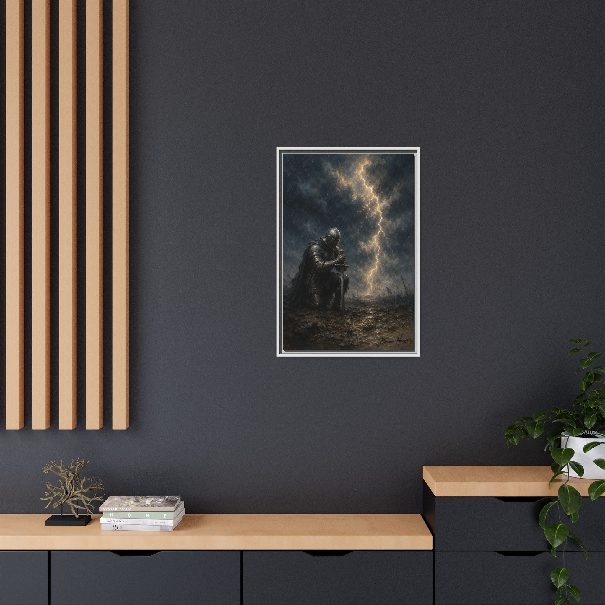 Knight in Thunderstorm Matte Framed Canvas — Dark Fantasy Wall Art