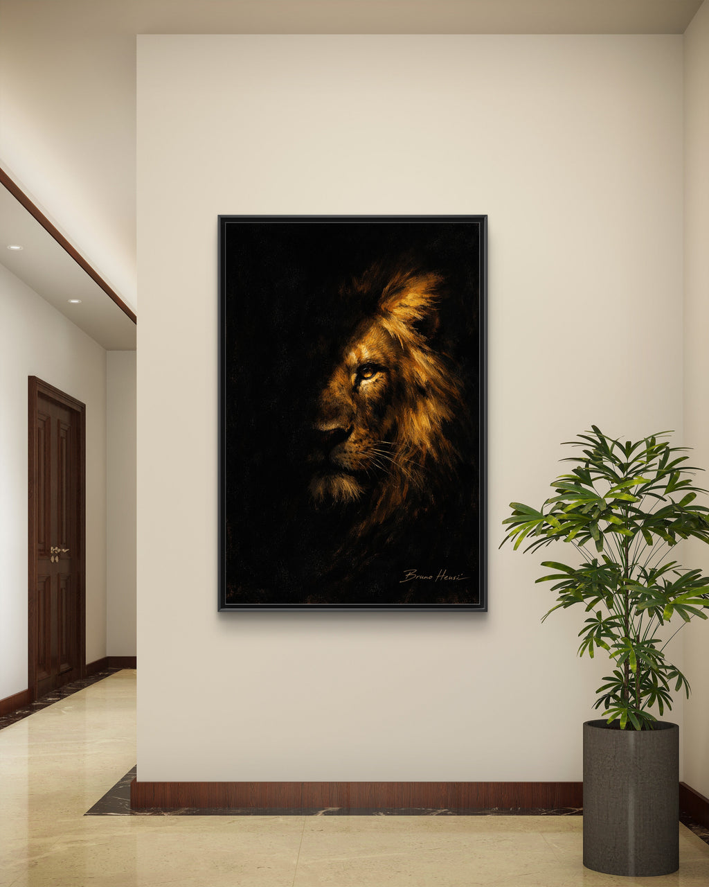 Majestic Lion Portrait Framed Canvas Wall Art — Golden Mane on Black Matte Print