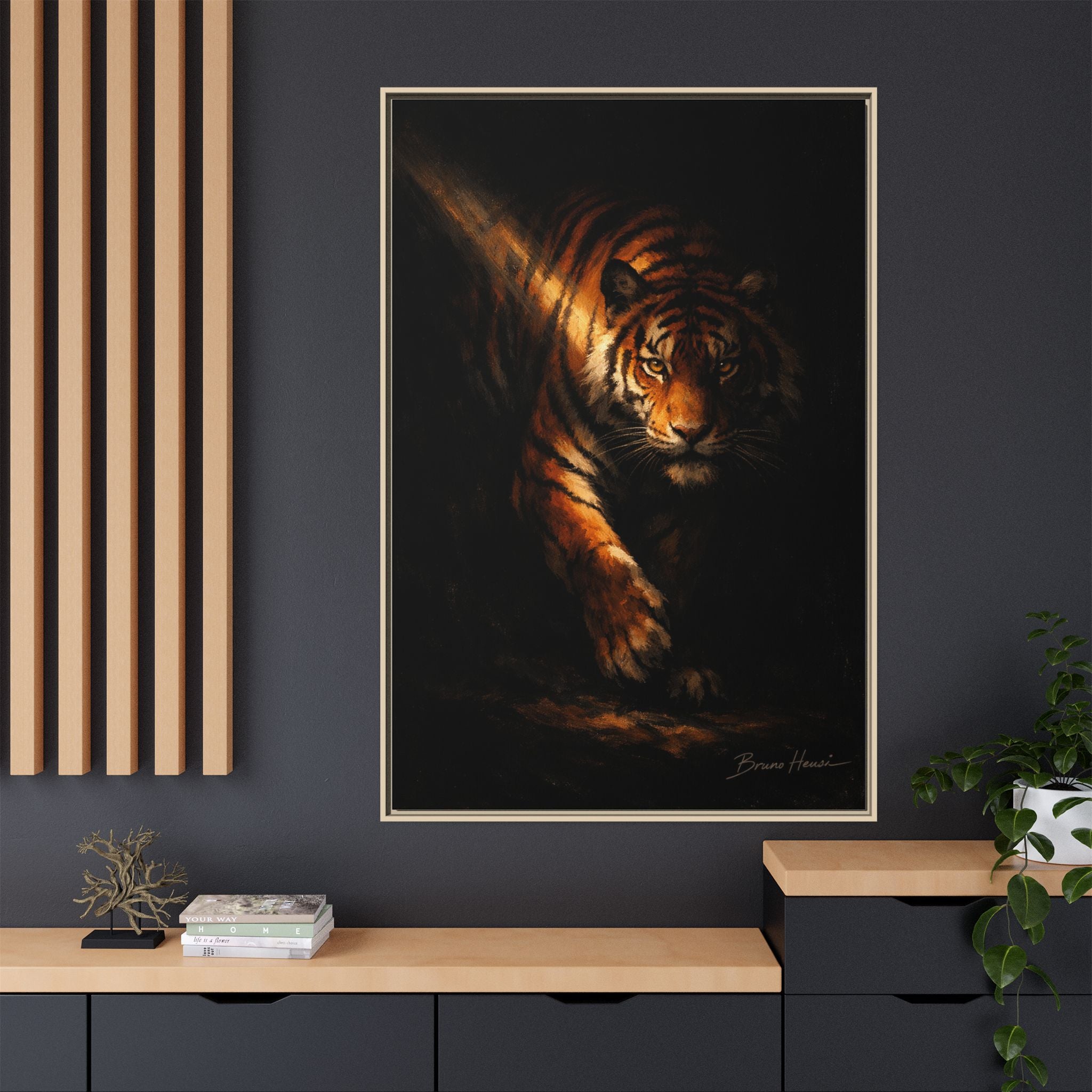 Tiger in the Shadows Matte Framed Canvas Print — Dramatic Wildlife Wall Art