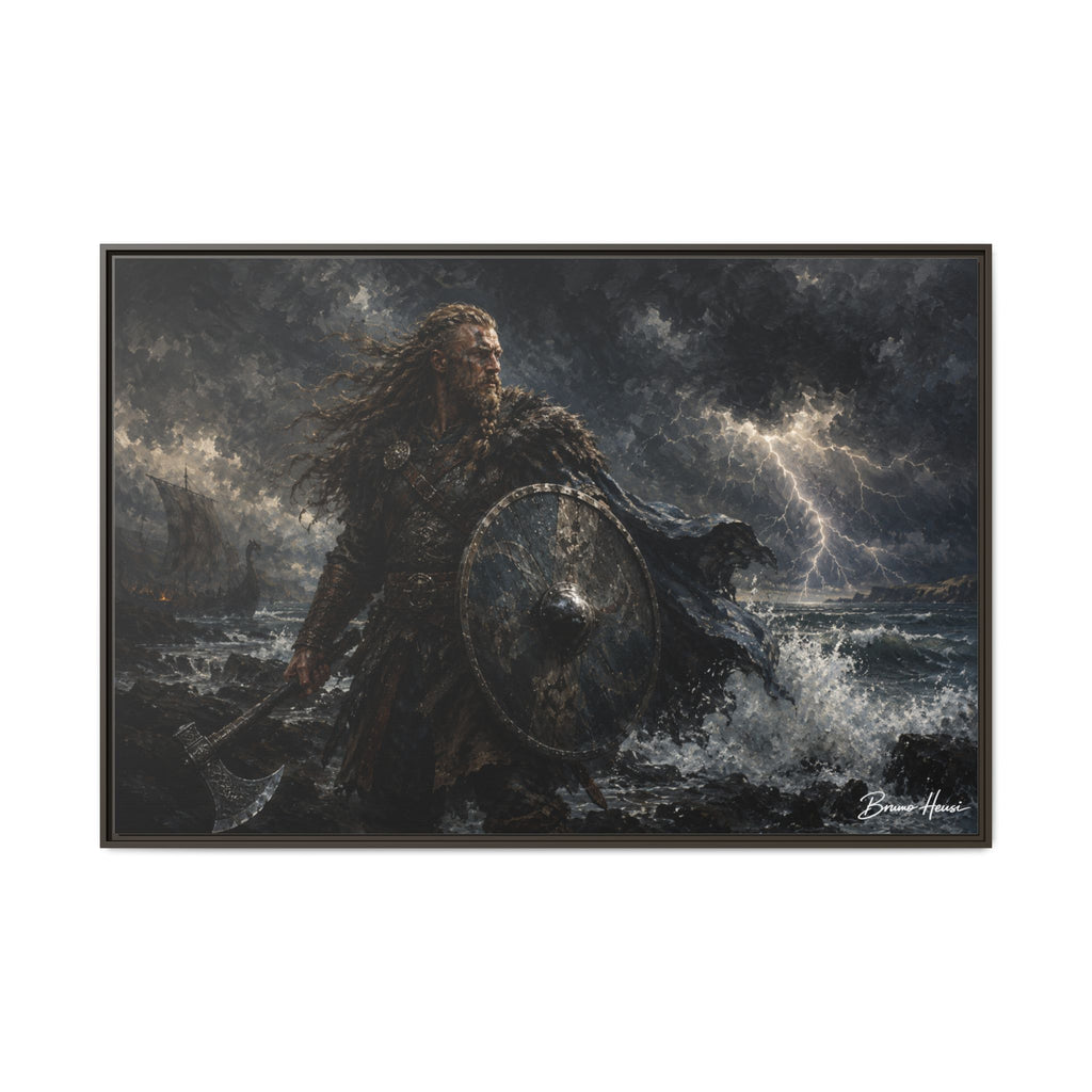 Viking Warrior Matte Framed Canvas Print — Stormy Norse Shield and Axe Wall Art