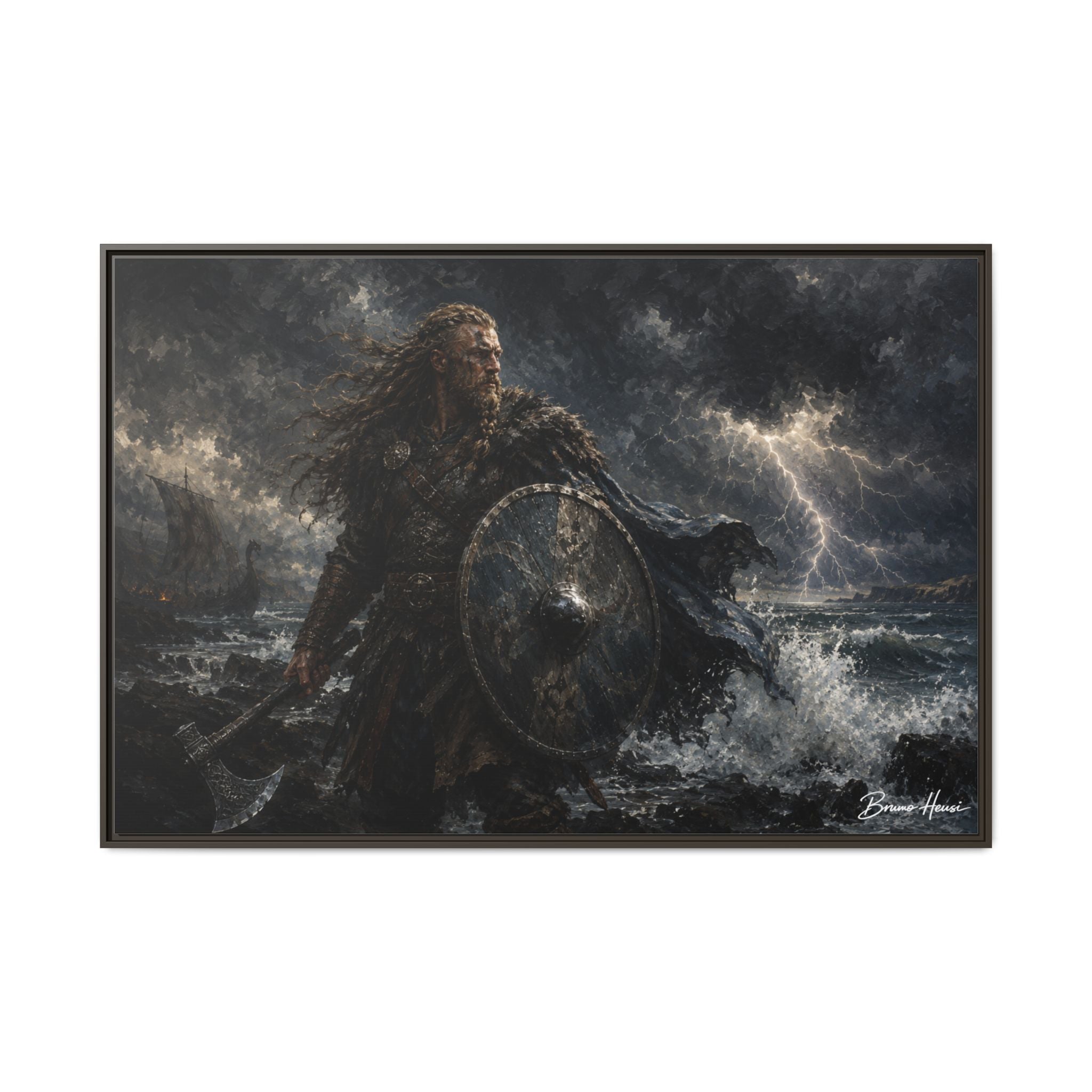 Viking Warrior Matte Framed Canvas Print — Stormy Norse Shield and Axe Wall Art