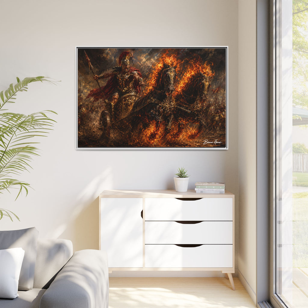 Flaming Chariot Framed Canvas Wall Art — Mythic Warrior Matte Print