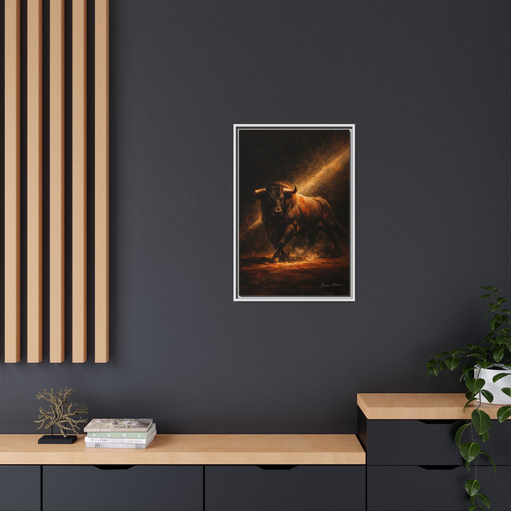 Framed Matte Canvas Art - Dramatic Charging Bull Painting