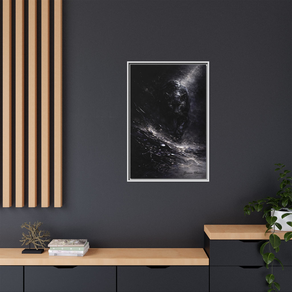 Cosmic Black Panther Matte Framed Canvas – Dark Abstract Wildlife Wall Art