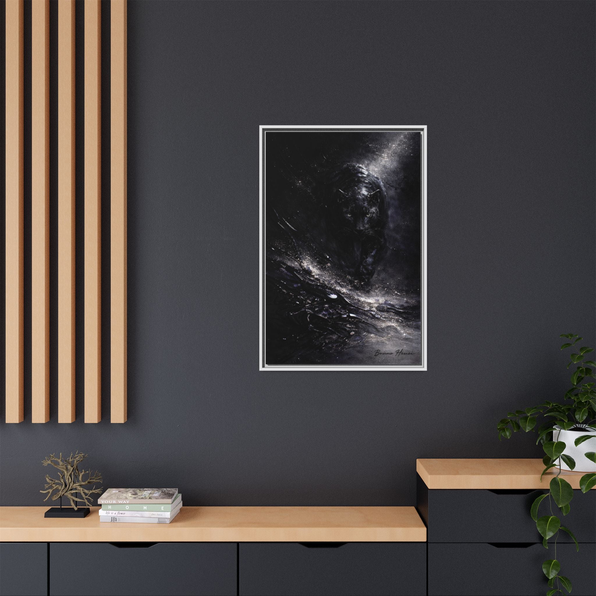 Cosmic Black Panther Matte Framed Canvas – Dark Abstract Wildlife Wall Art