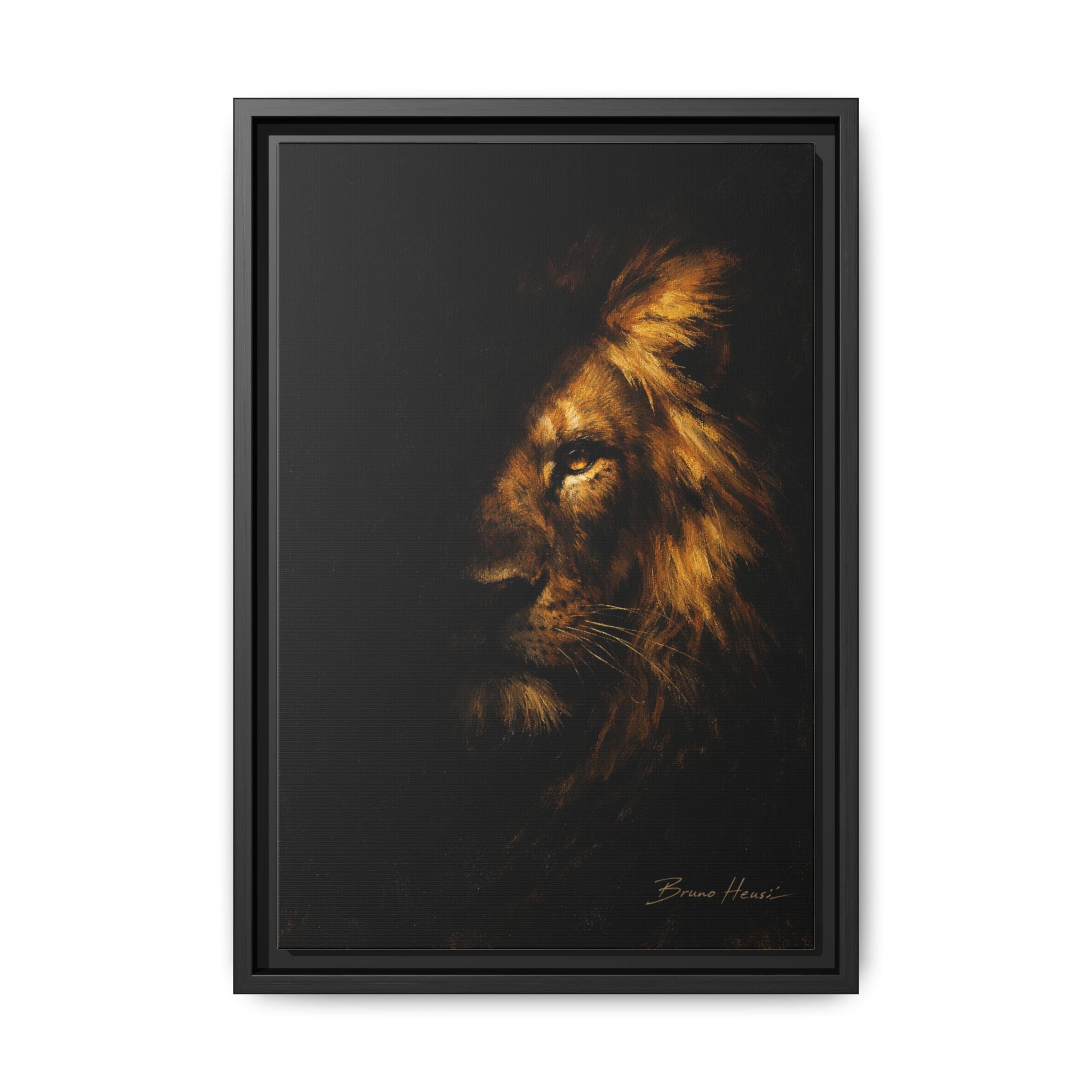Majestic Lion Portrait Framed Canvas Wall Art — Golden Mane on Black Matte Print