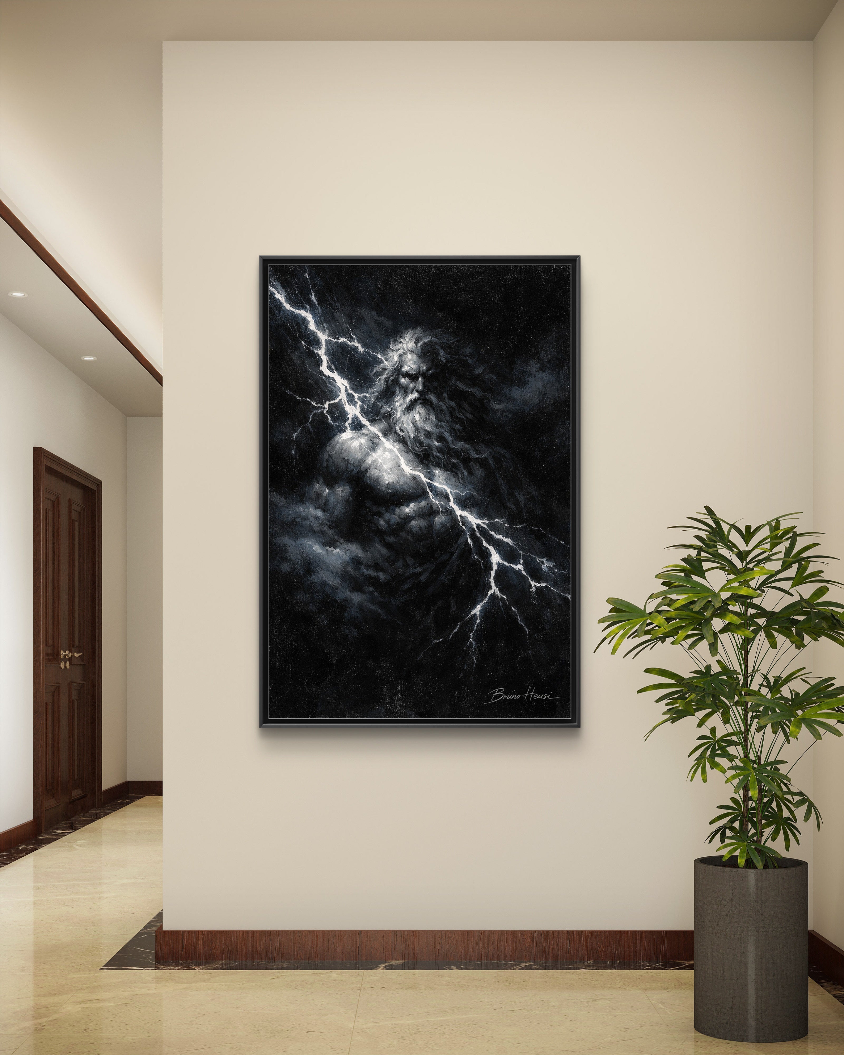 Zeus Lightning God Framed Canvas Wall Art — Stormy Mythology Print