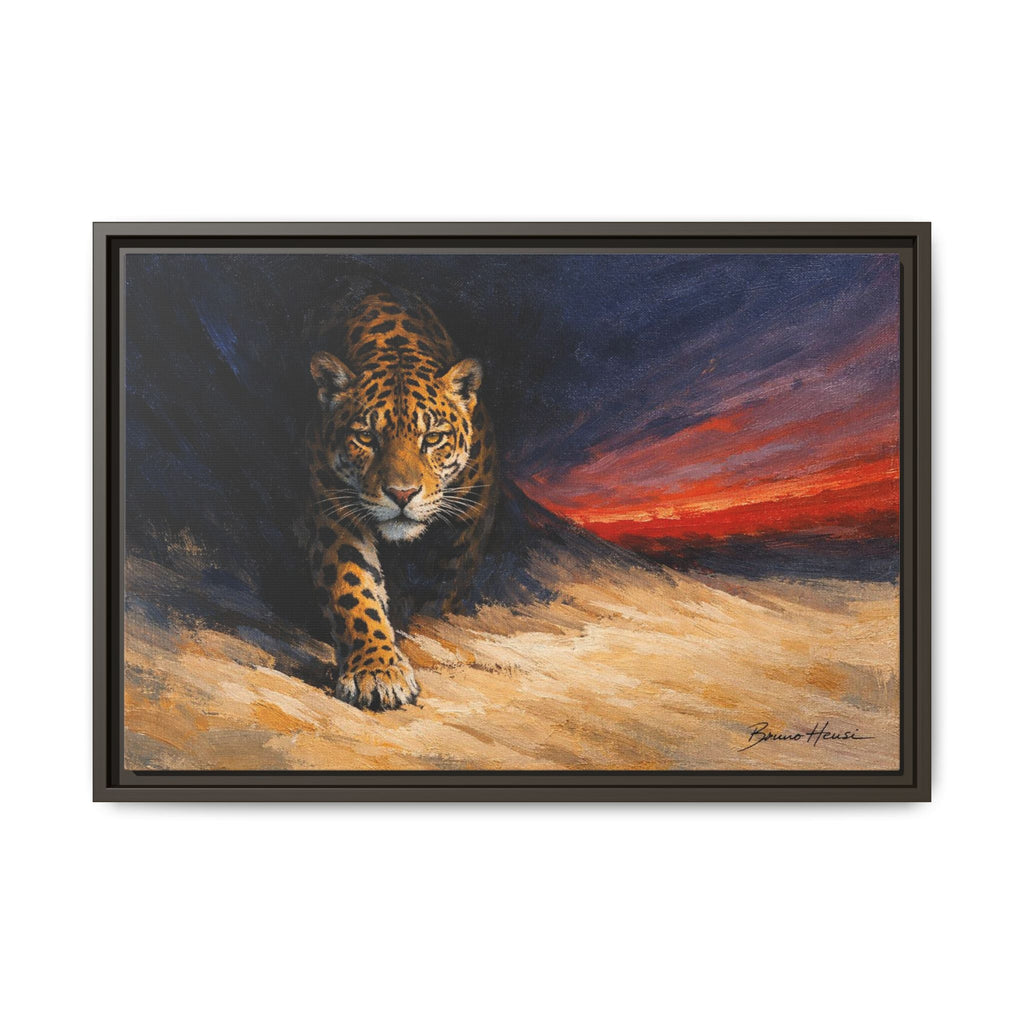 Framed Jaguar Canvas Art – Majestic Big Cat Painting with Sunset Sky