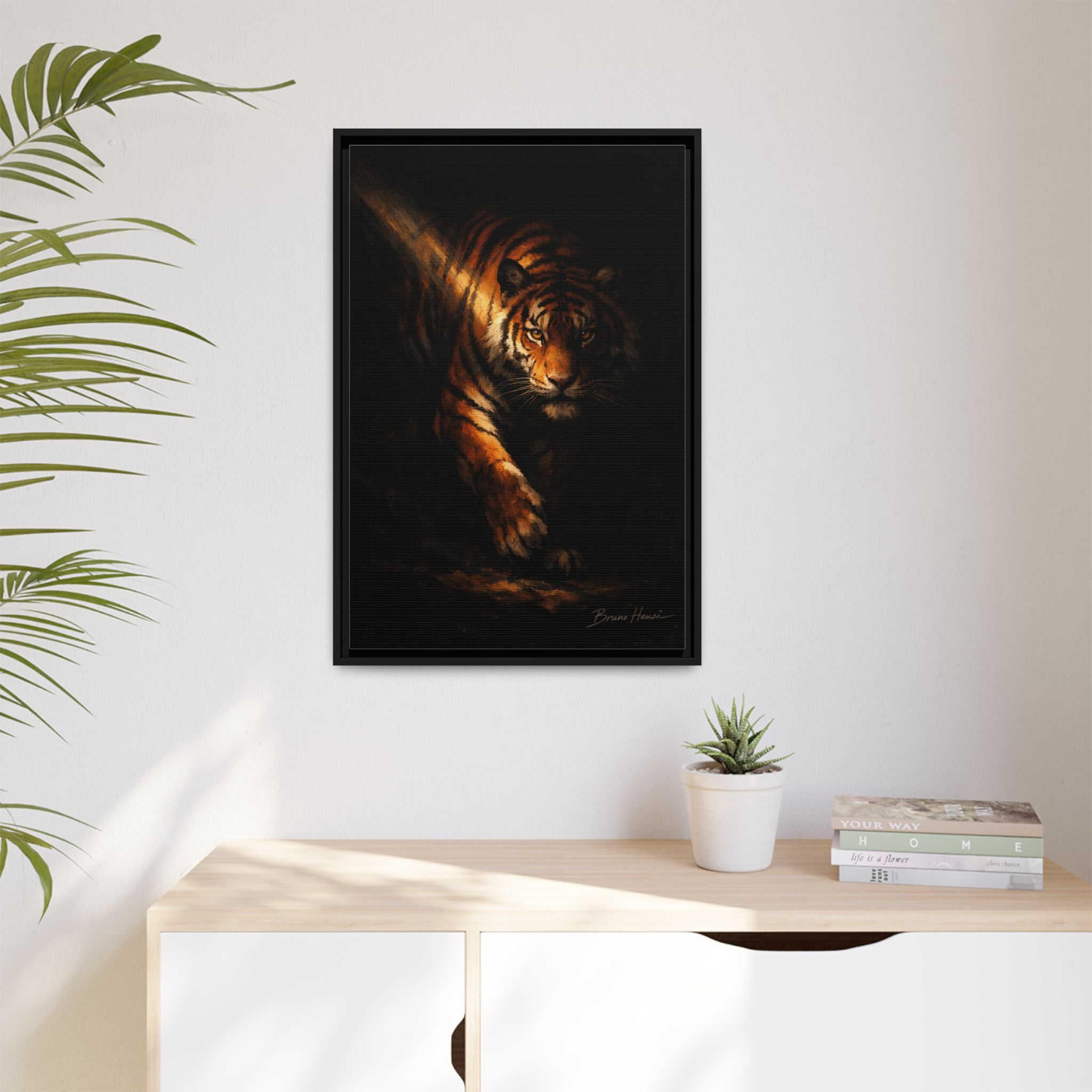 Tiger in the Shadows Matte Framed Canvas Print — Dramatic Wildlife Wall Art