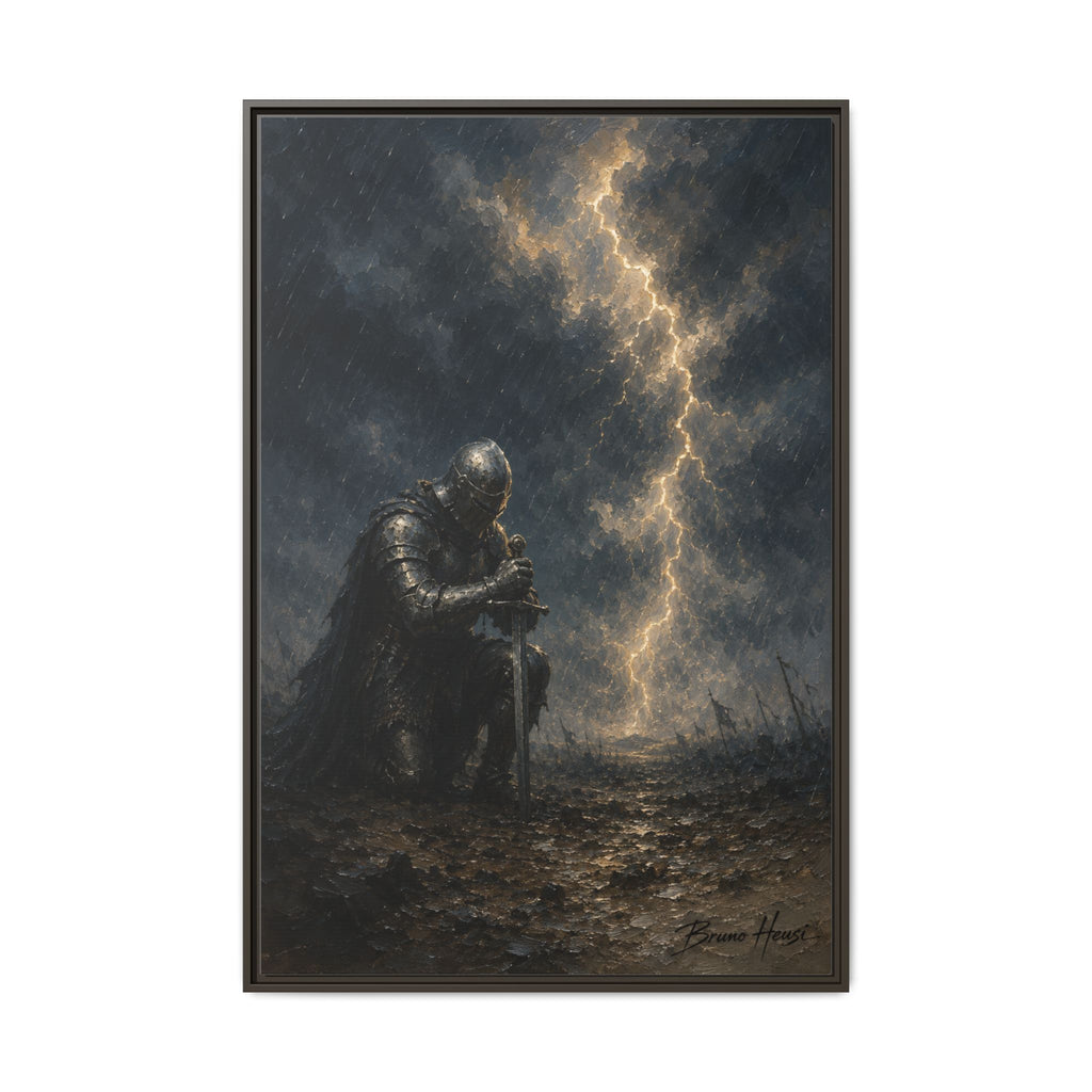 Knight in Thunderstorm Matte Framed Canvas — Dark Fantasy Wall Art