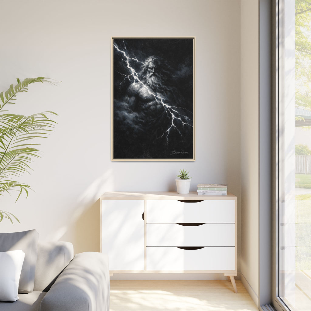 Zeus Lightning God Framed Canvas Wall Art — Stormy Mythology Print